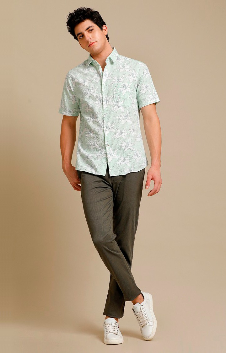 Men's Green Cotton Floral Casual Shirt