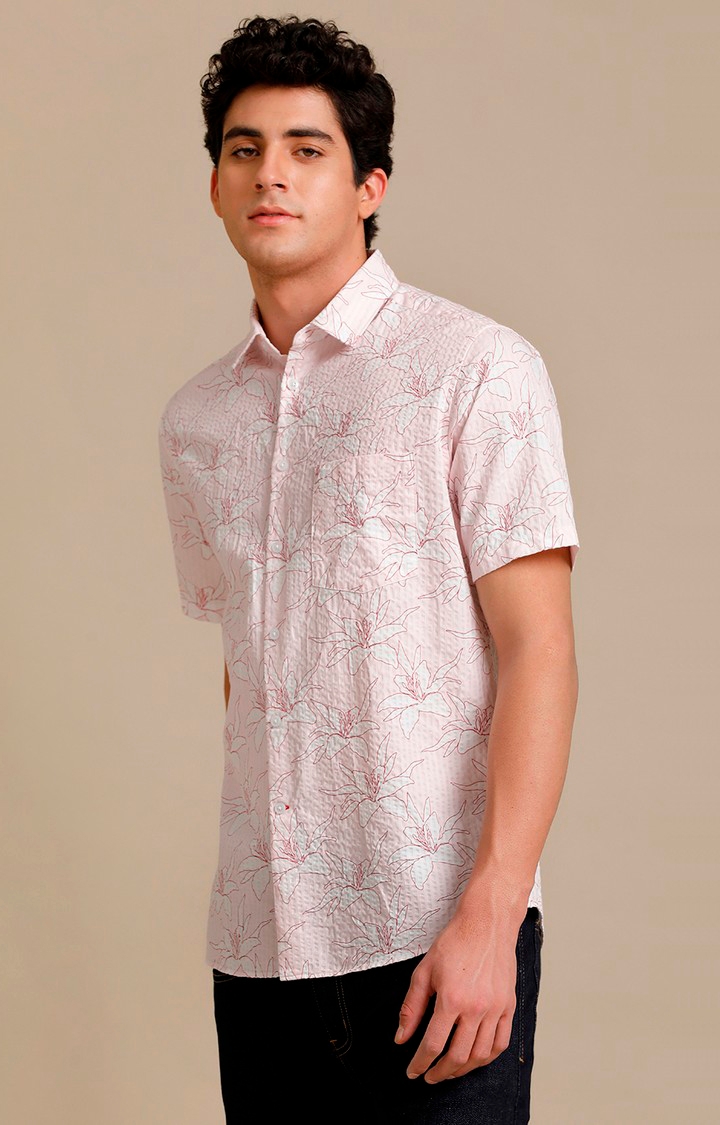 Men's Pink Cotton Floral Casual Shirt
