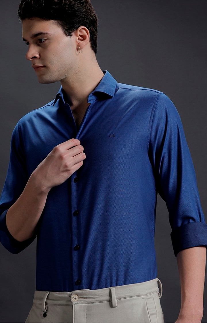 Men's Navy Cotton Solid Formal Shirt