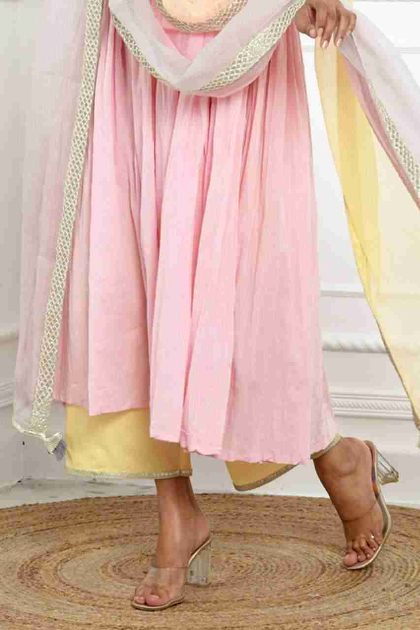 Naksh Pink Solid Voile Kurta, Pants & Tricolour Dupatta (Set of 3)