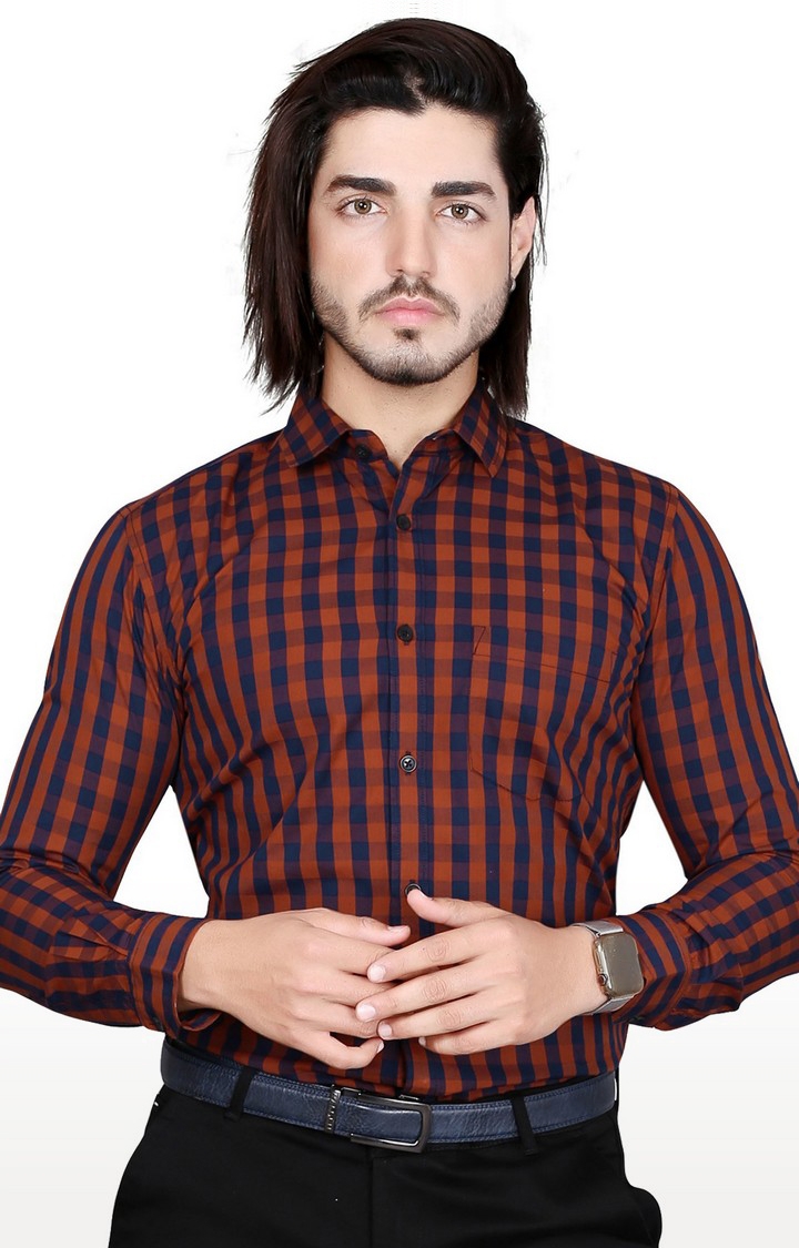 Men's Orange Cotton checkered Formal Shirt