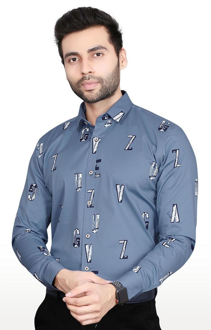 Men's Blue Cotton Printed Formal Shirt