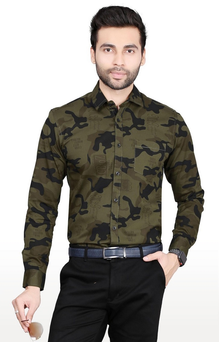 Men's Green Cotton Camouflage Formal Shirt