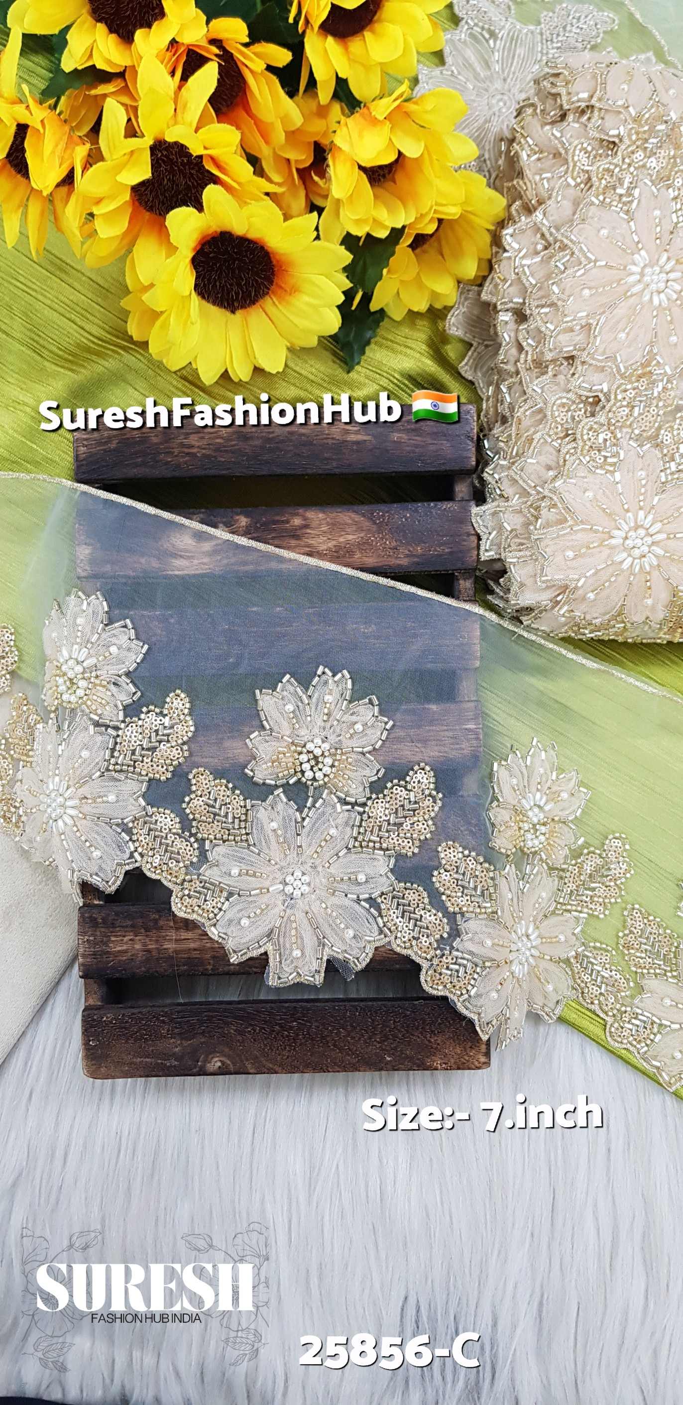 Imported  Cream Floral Cutdana & Pearl Organza Lace