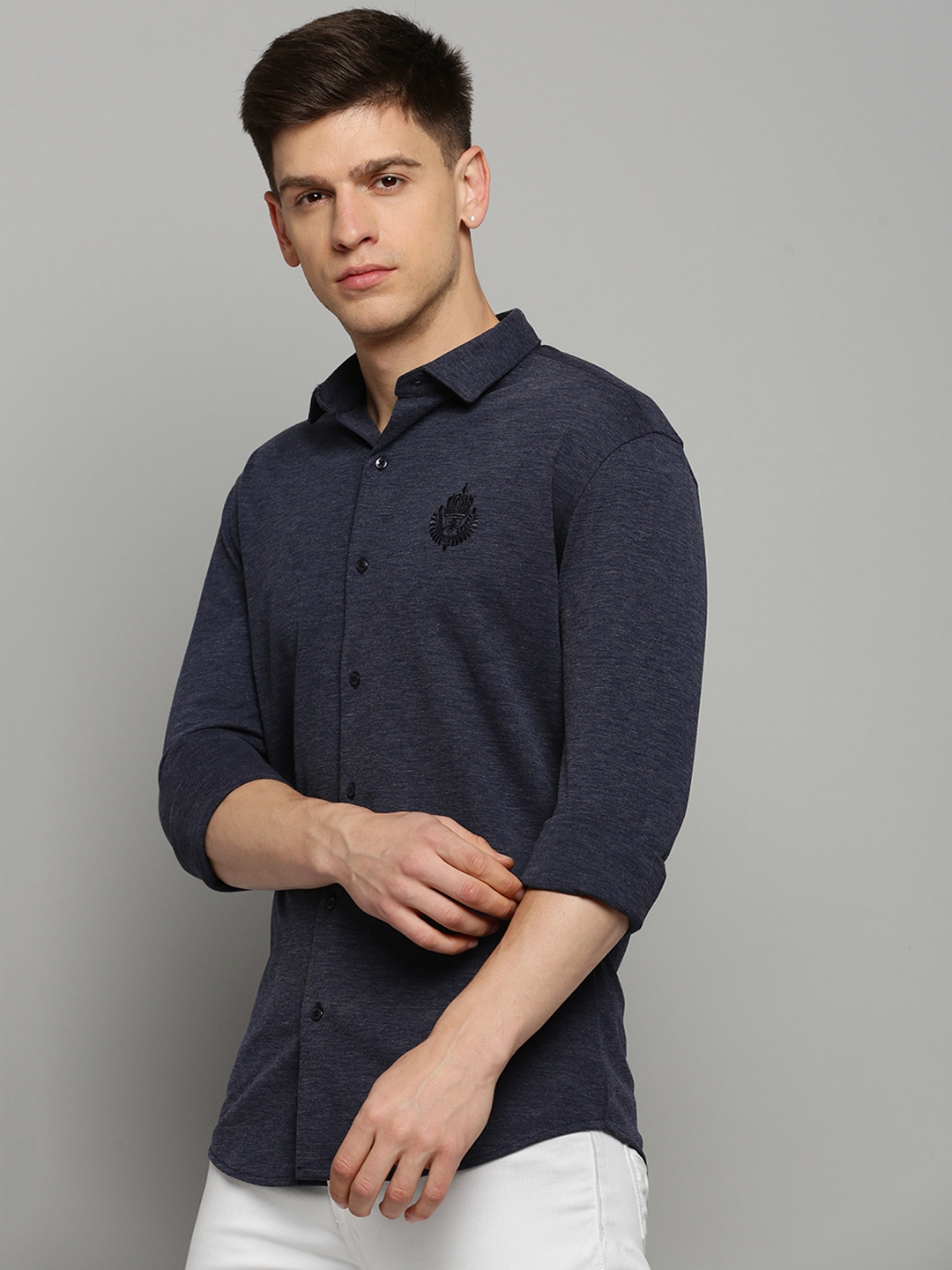 Showoff | SHOWOFF Men's Spread Collar Solid Navy Blue Classic Shirt 2