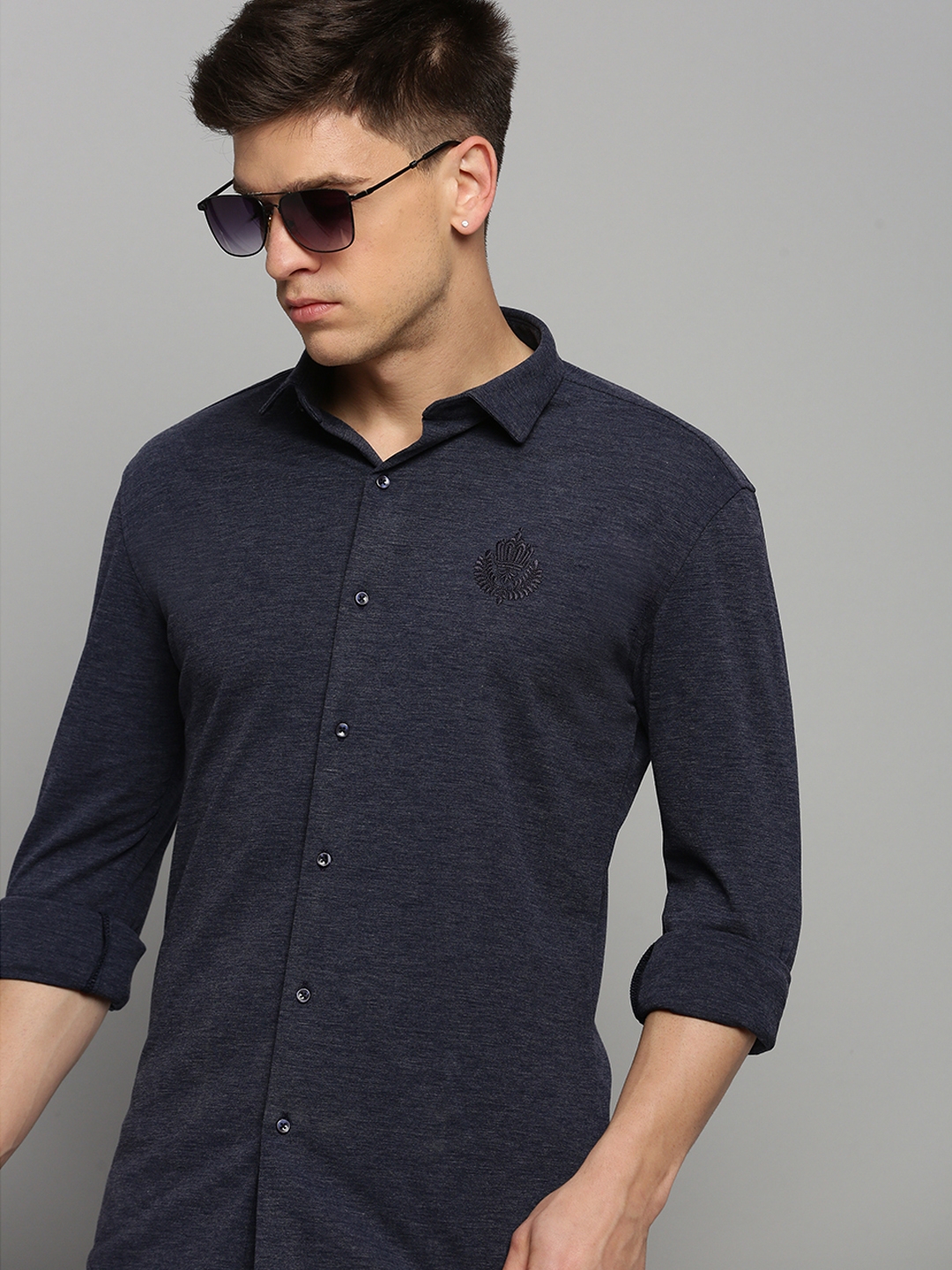 Showoff | SHOWOFF Men's Spread Collar Solid Navy Blue Classic Shirt 0