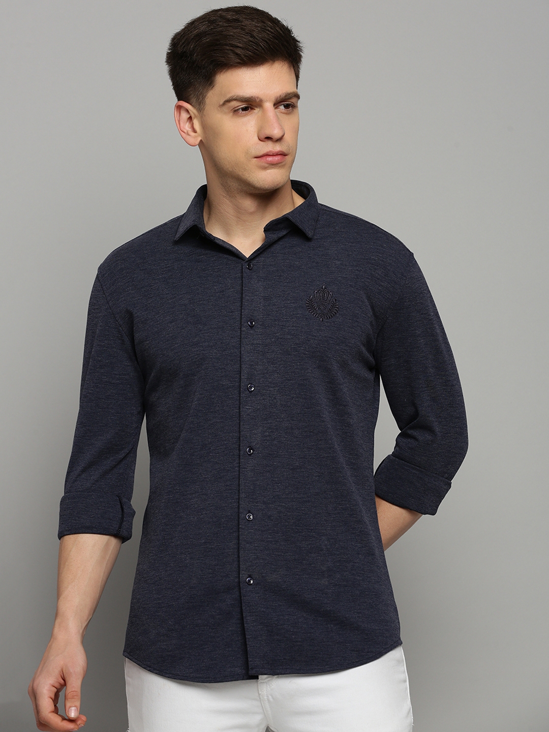 Showoff | SHOWOFF Men's Spread Collar Solid Navy Blue Classic Shirt 1