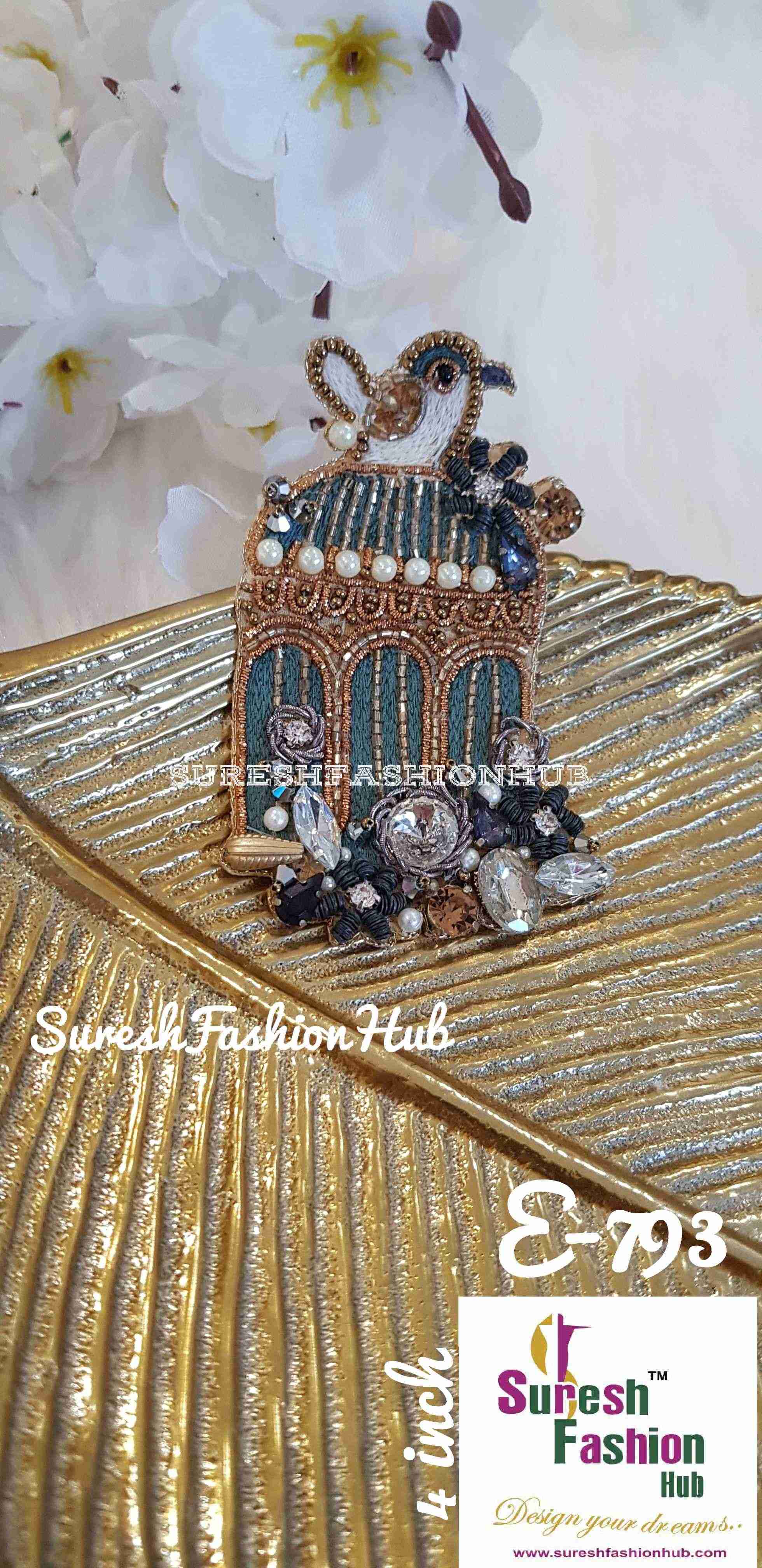 Heavily Embellished Bird Cage Grey-Blue Color Designer Patch