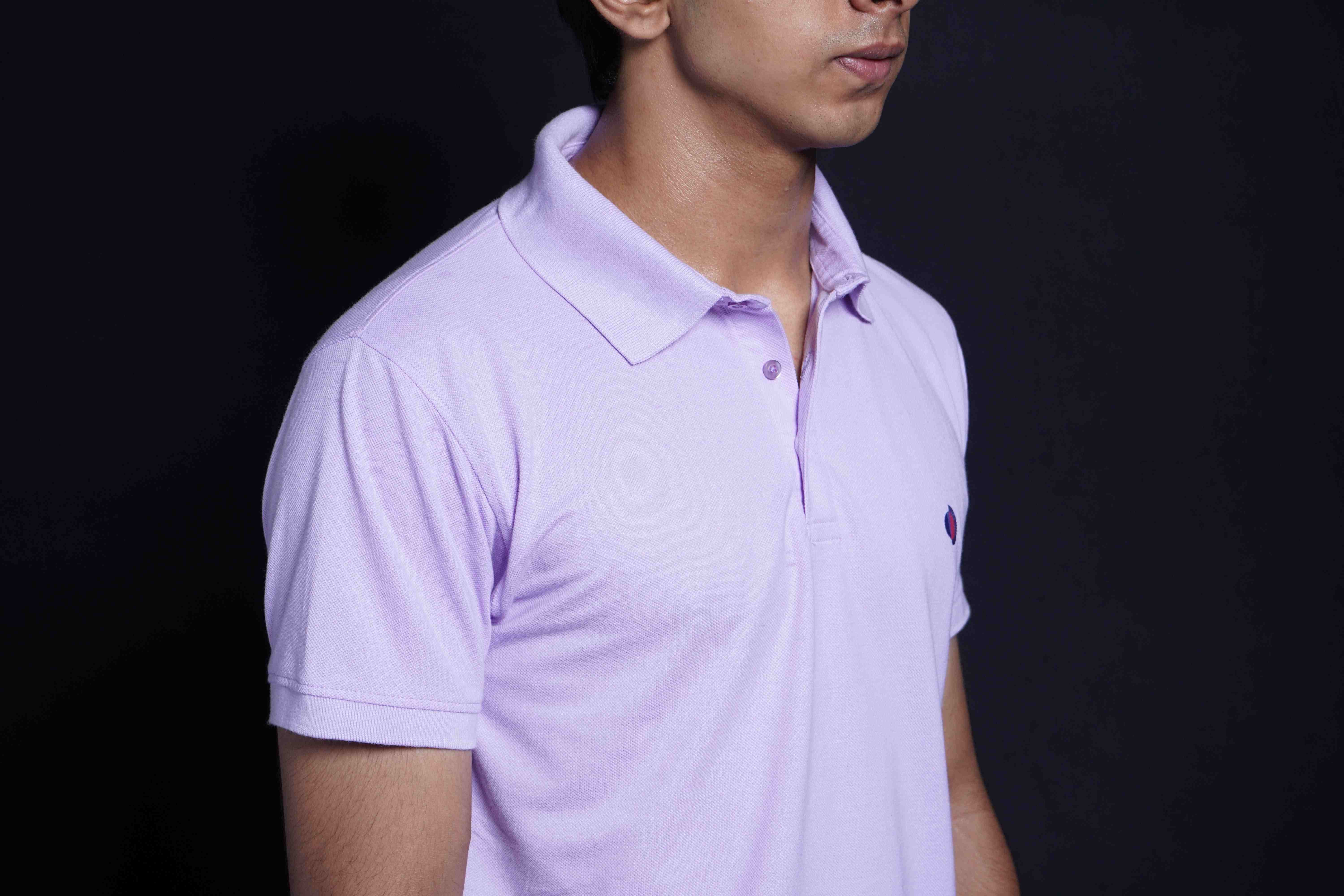 One Denim Light Purple Plain Polo Neck Cotton T-Shirt
