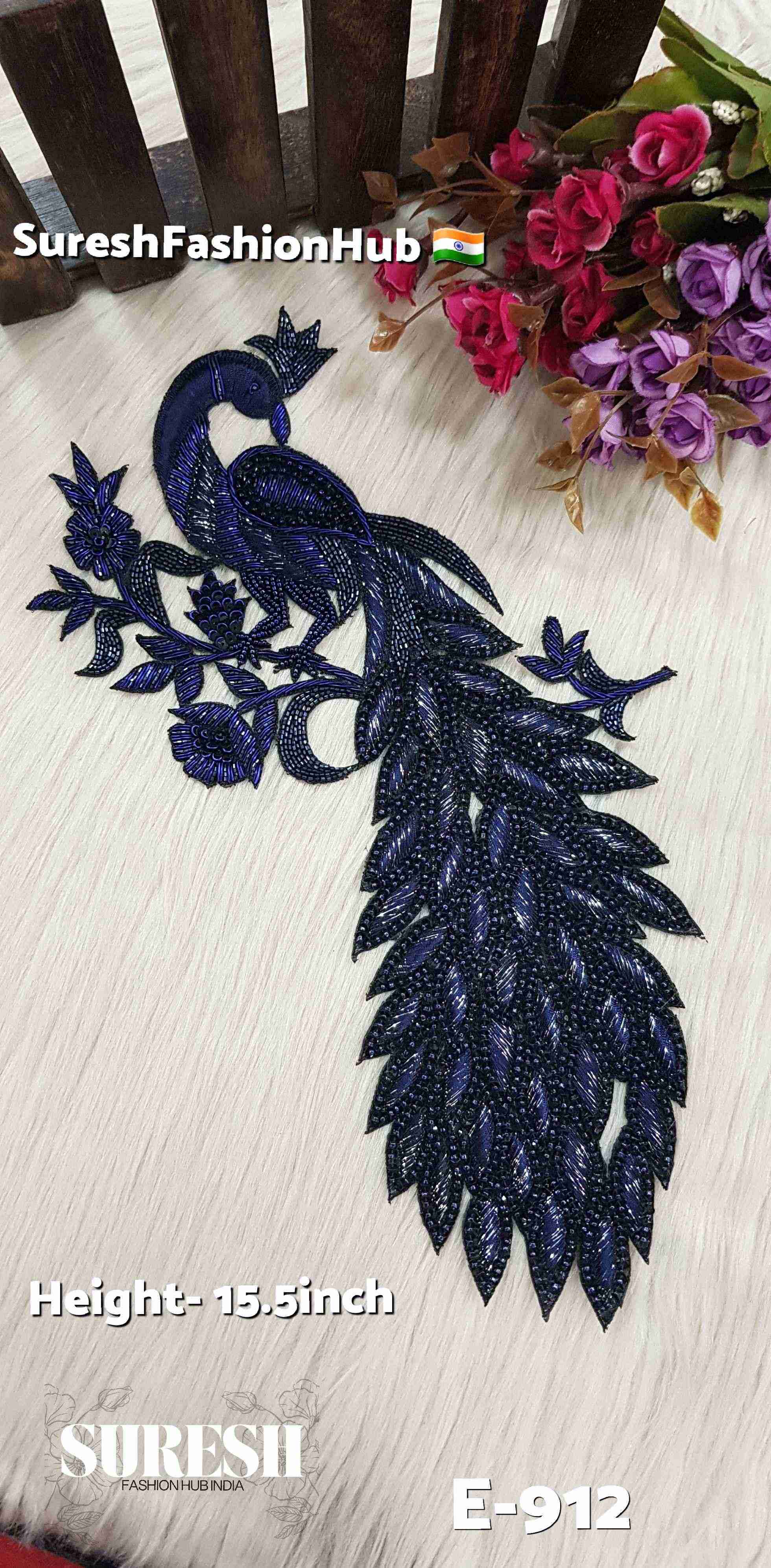 Navy Blue Sitting Peacock on Tree Branch Patch – E-912