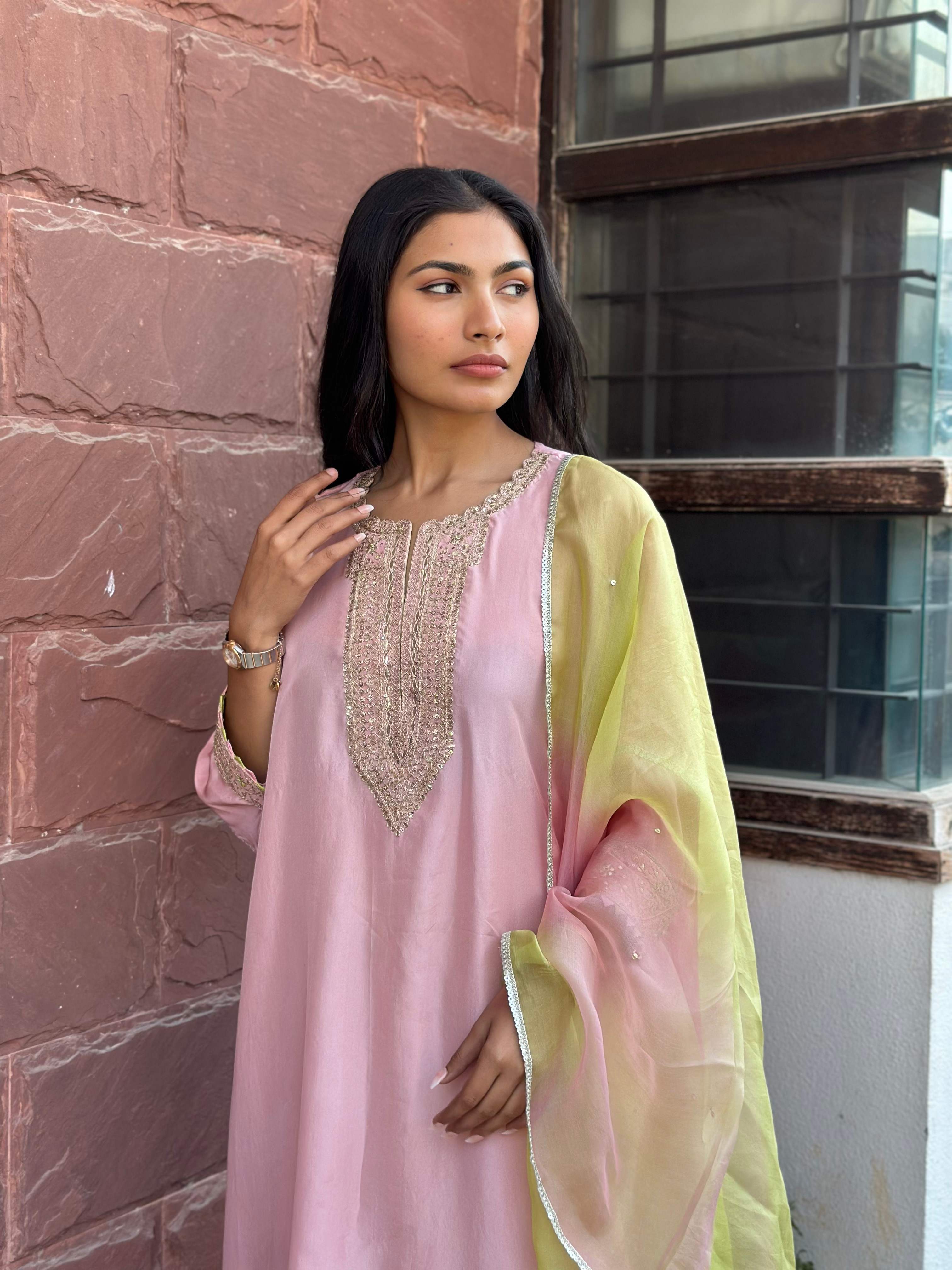 PINK-GREEN SILK HANDWORK KURTA SET