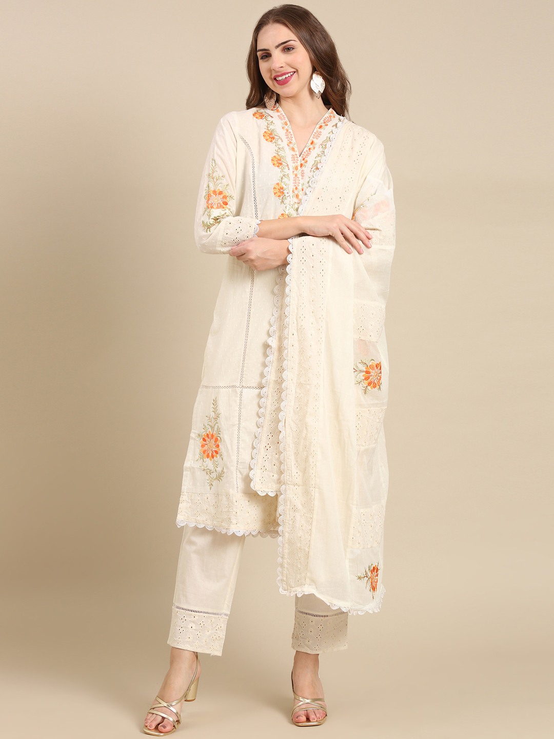 SHOWOFF Women's V-Neck Mid Length Woven Design Off White Straight Kurta Set