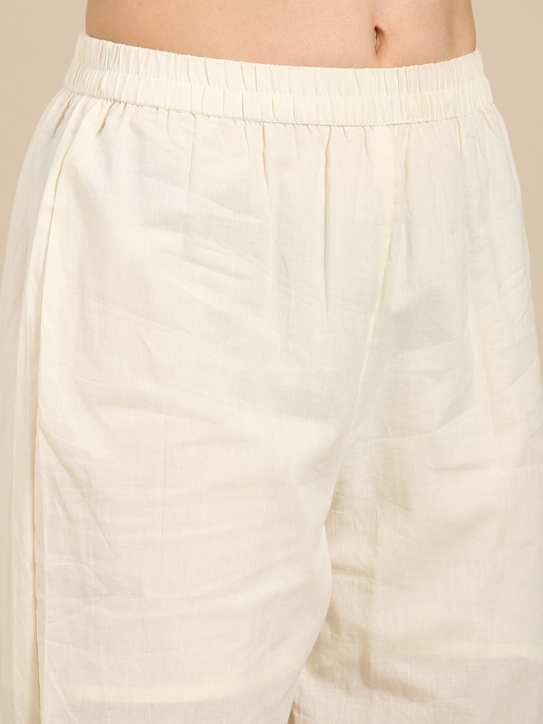 SHOWOFF Women's V-Neck Mid Length Woven Design Off White Straight Kurta Set