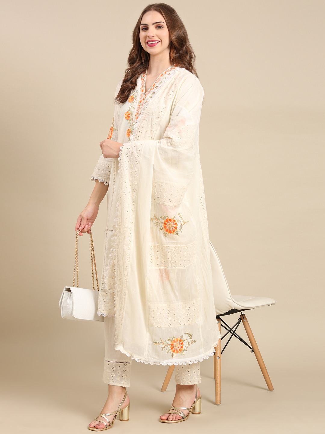 SHOWOFF Women's V-Neck Mid Length Woven Design Off White Straight Kurta Set
