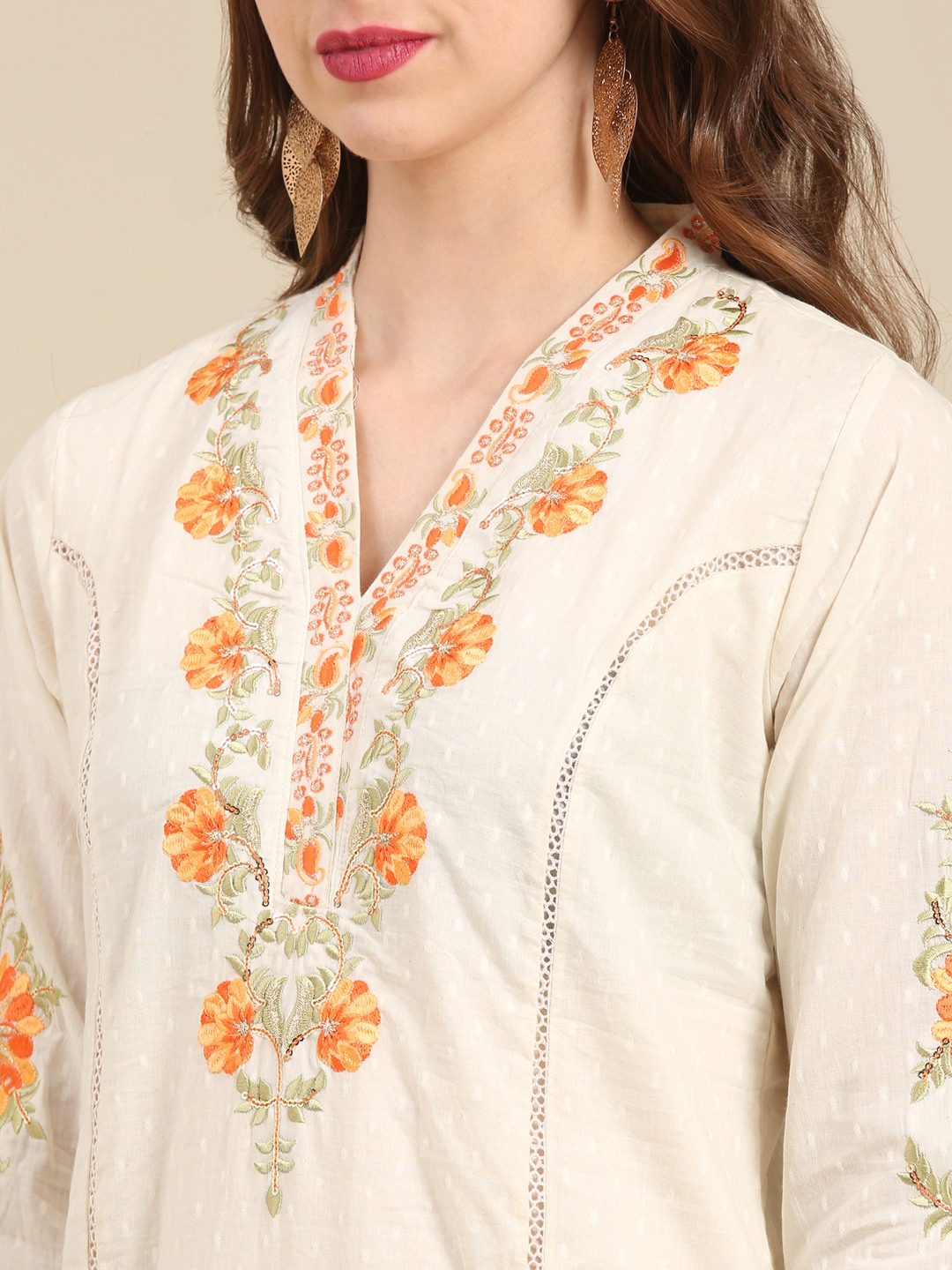 SHOWOFF Women's V-Neck Mid Length Woven Design Off White Straight Kurta Set
