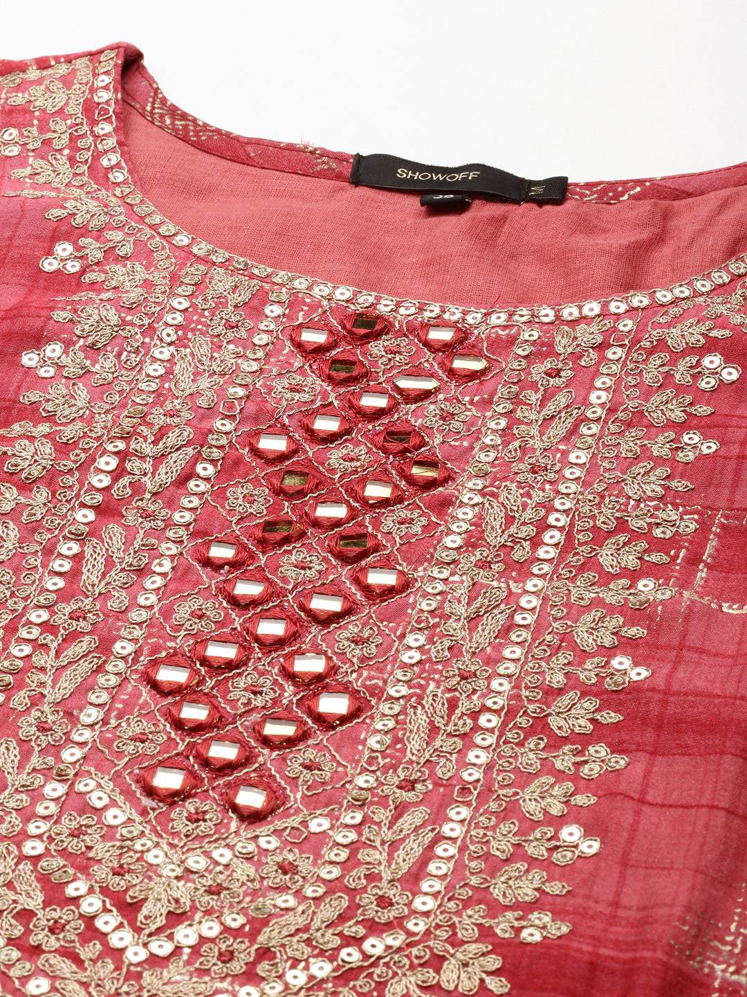 SHOWOFF Women's Round Neck Embellished Coral Straight Kurta