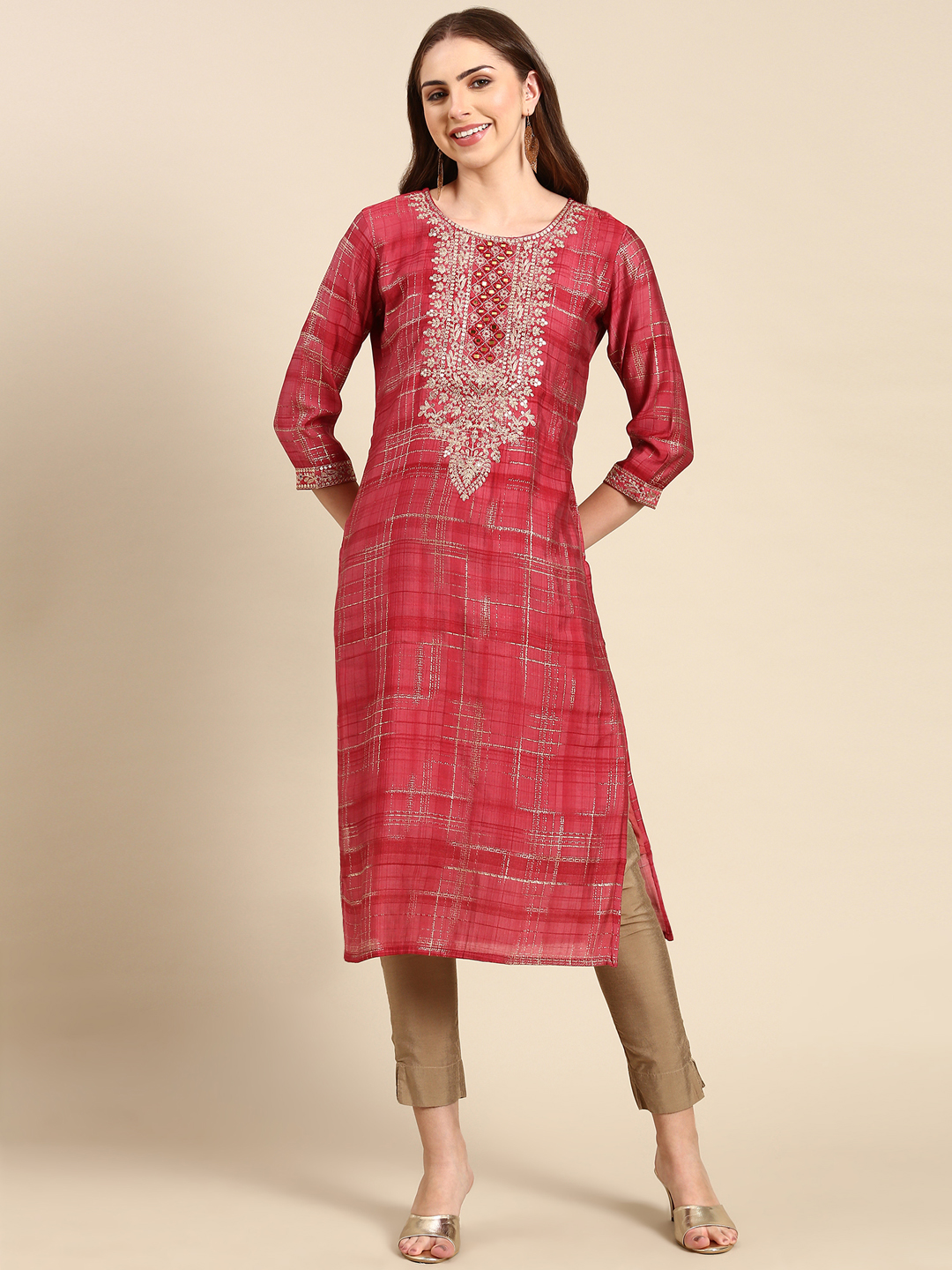 SHOWOFF Women's Round Neck Embellished Coral Straight Kurta