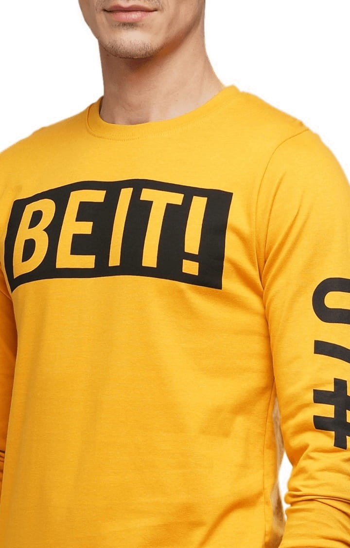 Men's Mustard Cotton Typographic Printed Regular T-Shirt