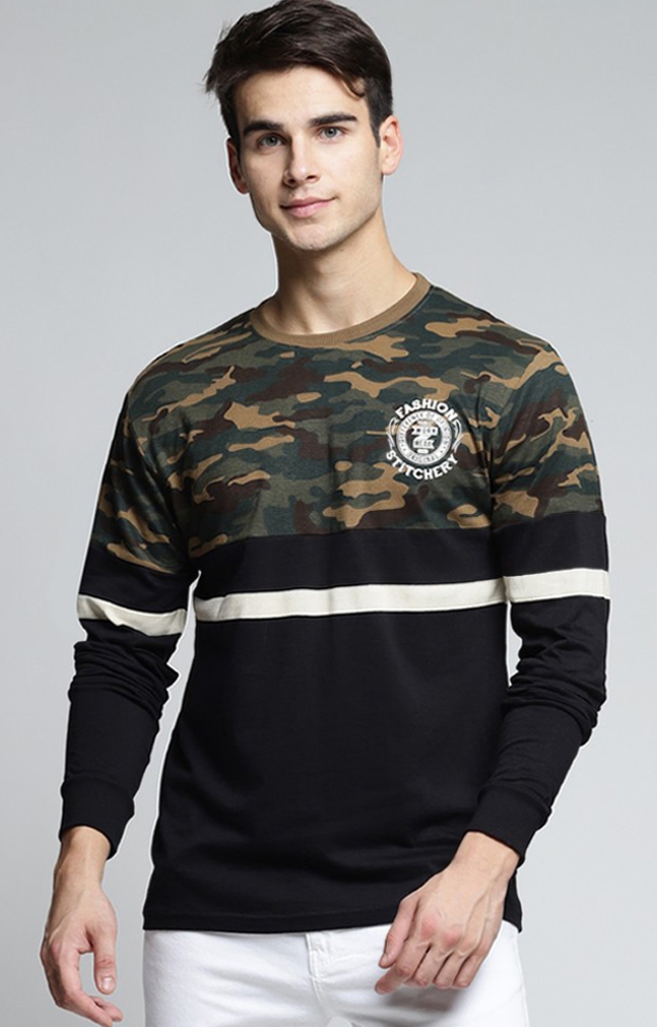 Men's Black & Green Cotton Camouflage Sweatshirt