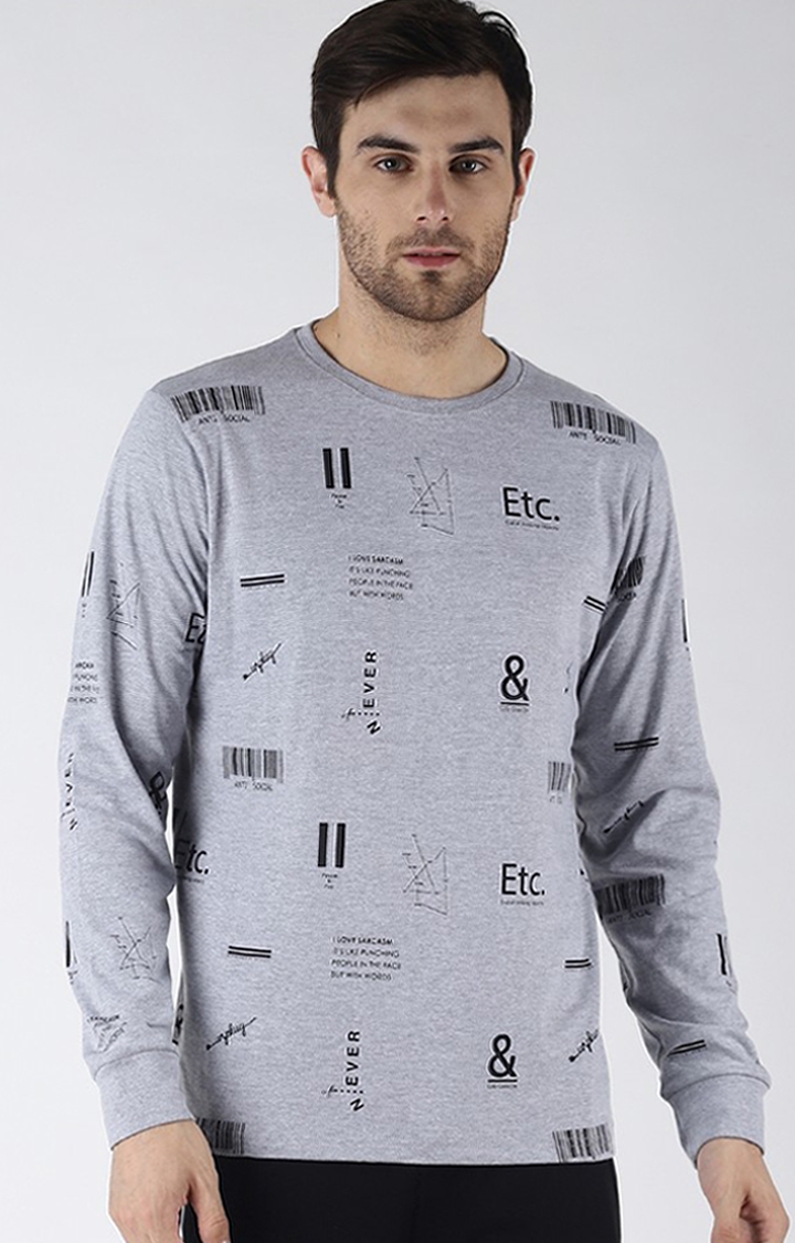 Men's Grey Cotton Typographic Printed Sweatshirt