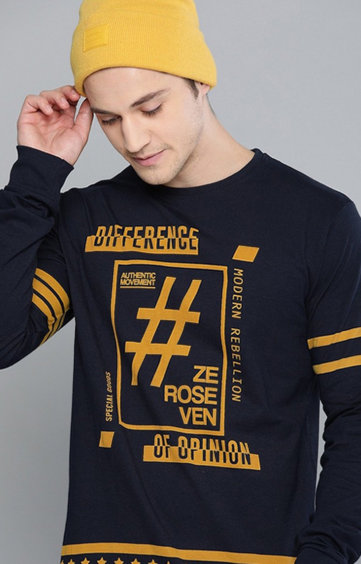 Men's Blue Cotton Typographic Printed Sweatshirt