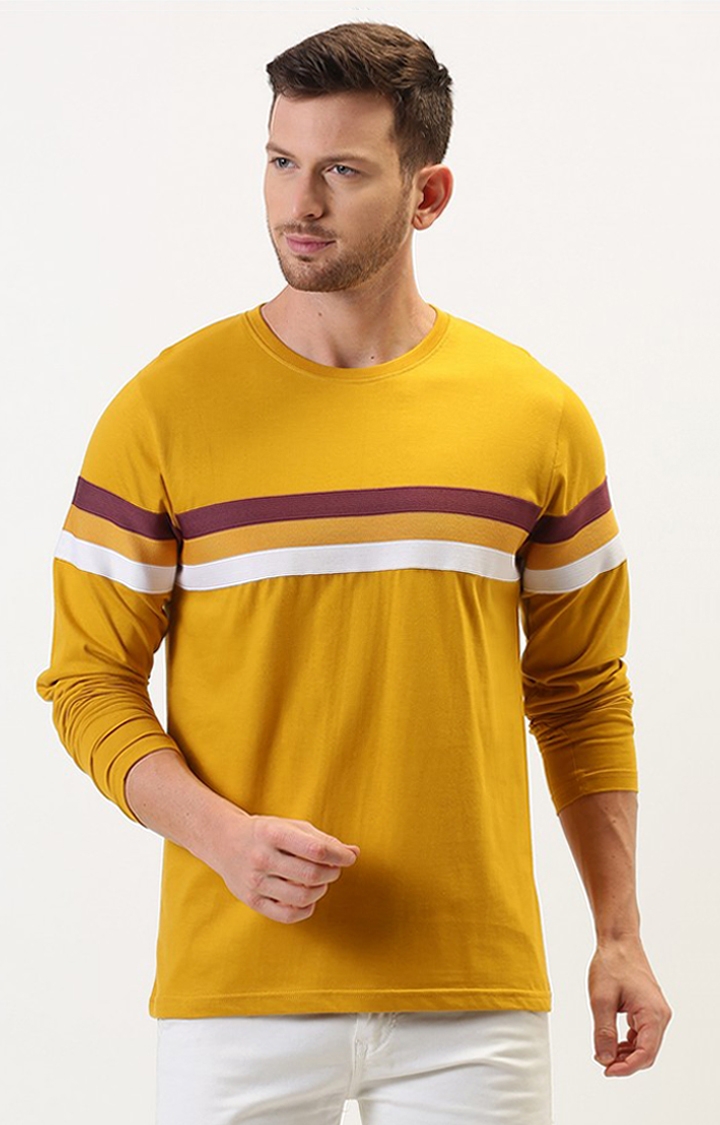 Men's Yellow Cotton Striped Regular T-Shirt