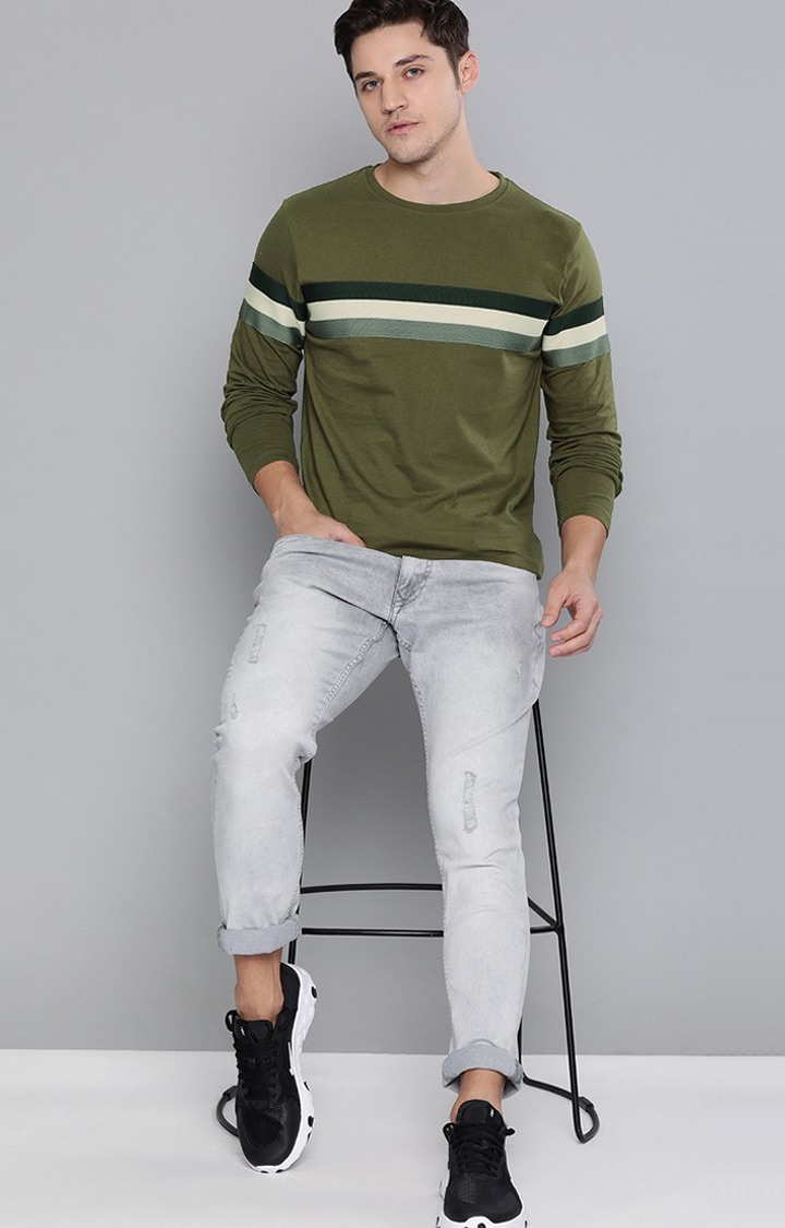 Men's Green Cotton Striped Sweatshirt