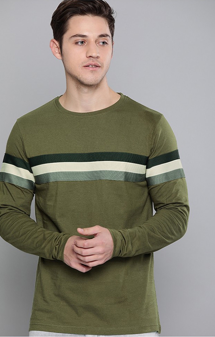 Difference of Opinion | Men's Green Cotton Striped Sweatshirt