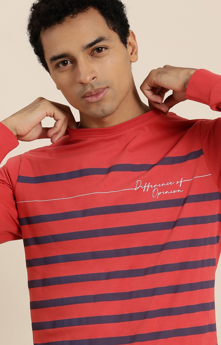Difference of Opinion | Men's Red Cotton Striped Sweatshirt 3