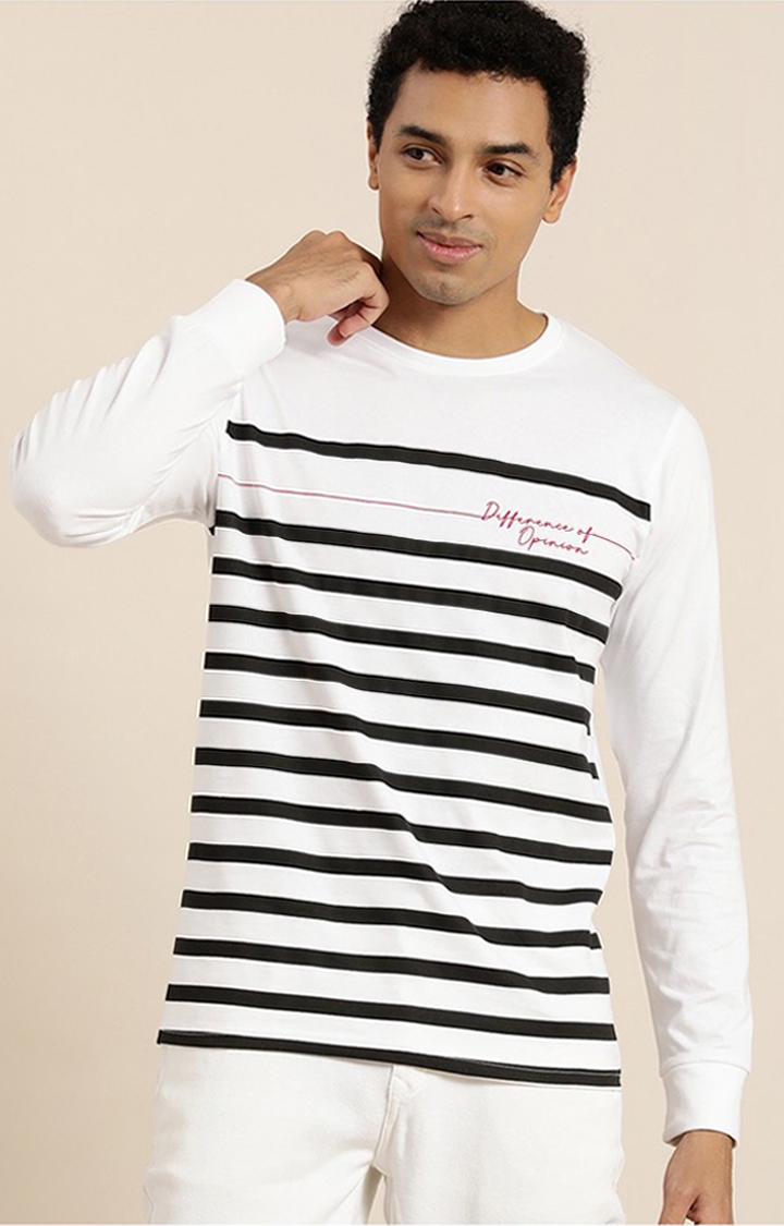 Difference of Opinion | Men's White Cotton Striped Sweatshirt 0