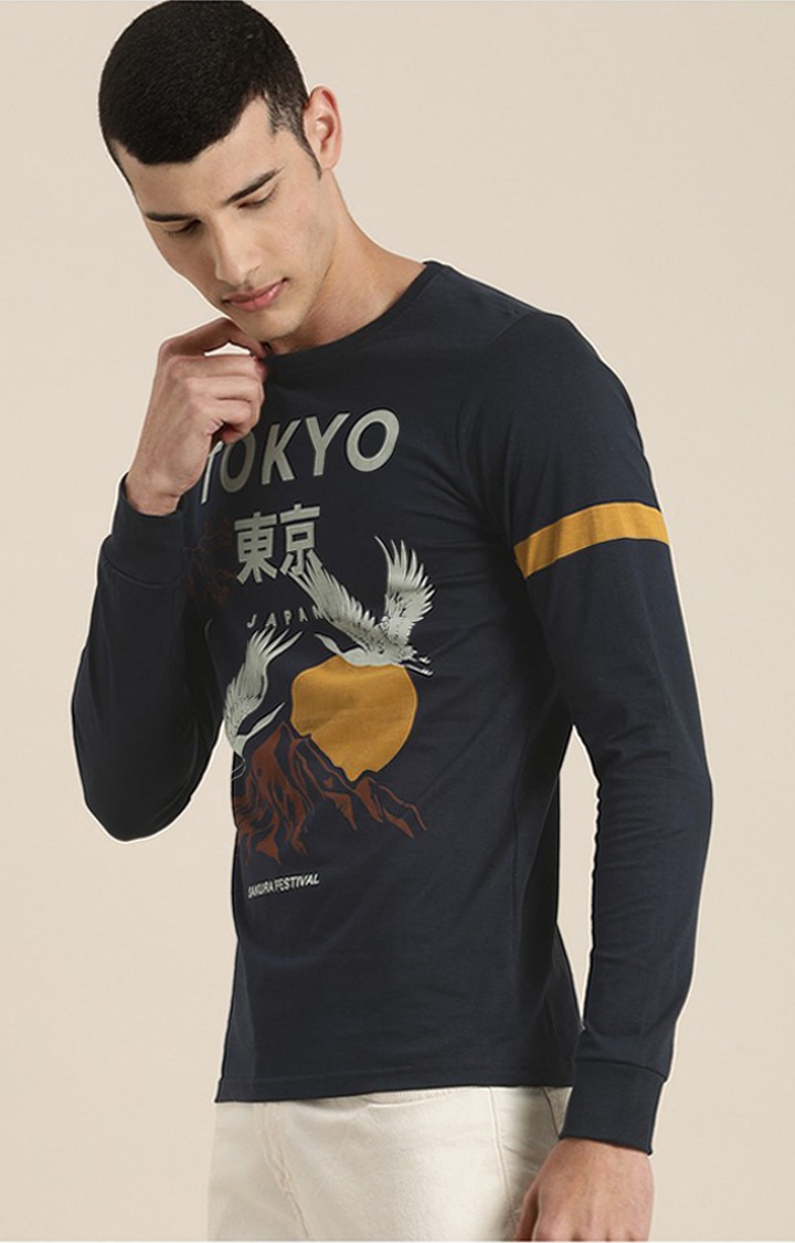 Men's Navy Cotton Typographic Printed Sweatshirt