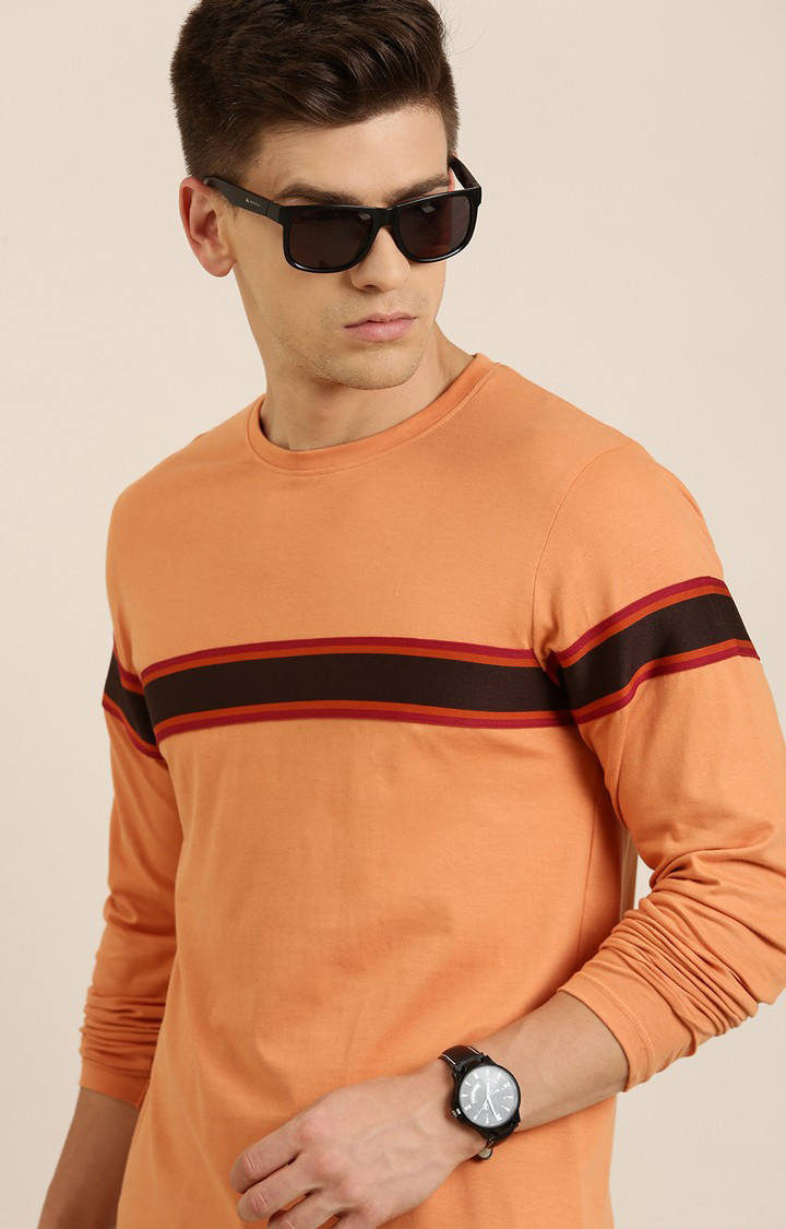 Men's Orange Cotton Striped Sweatshirt