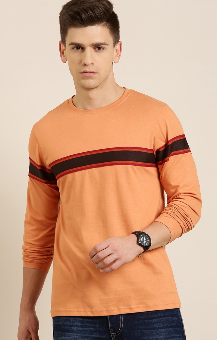 Difference of Opinion | Men's Orange Cotton Striped Sweatshirt