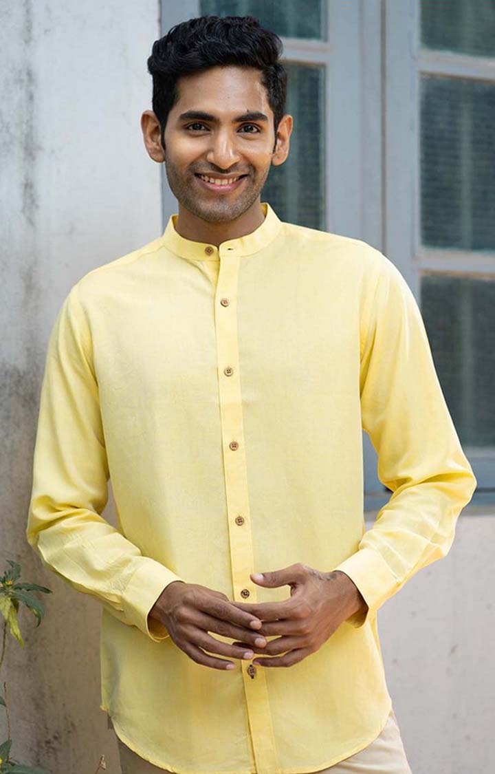 Earthy Route | Men's Lemon Yellow Tencel Regular Fit  Casual Shirt