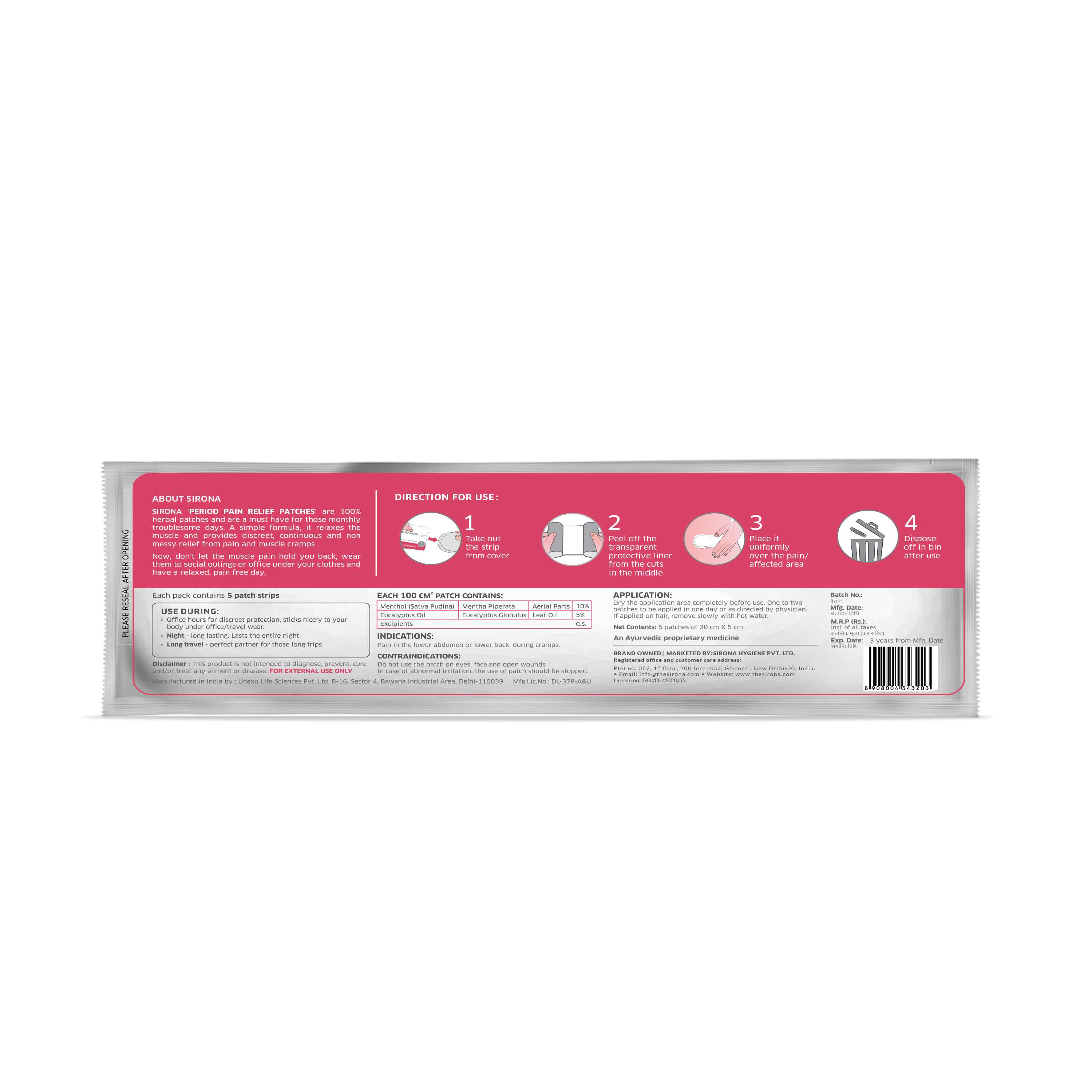 Sirona Feminine Pain Relief Patches - 5 Patches (1 Pack - 5 Patches Each)