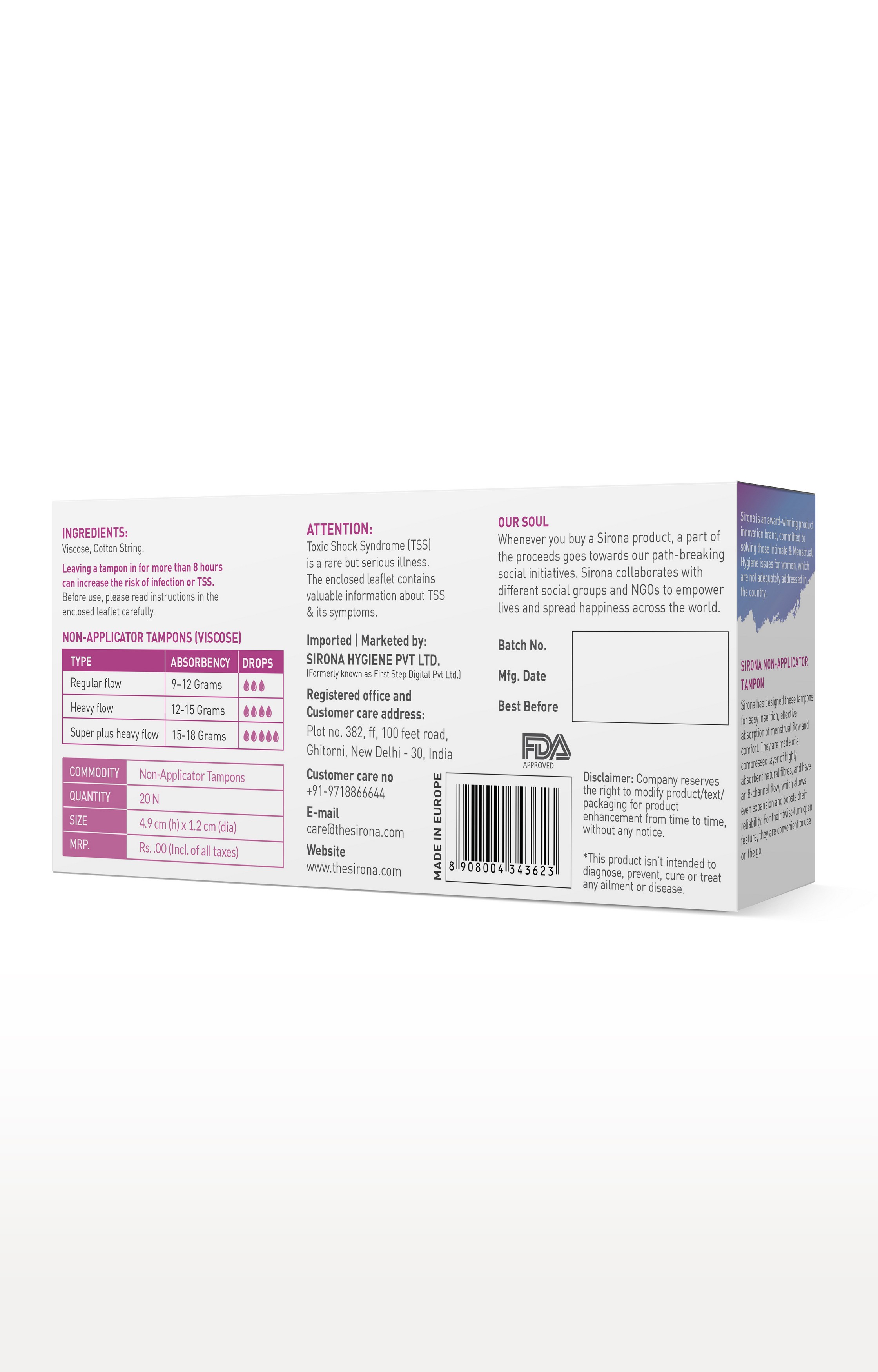 Sirona Fda Approved Premium Digital Tampon (Medium Flow) - 20 Tampon