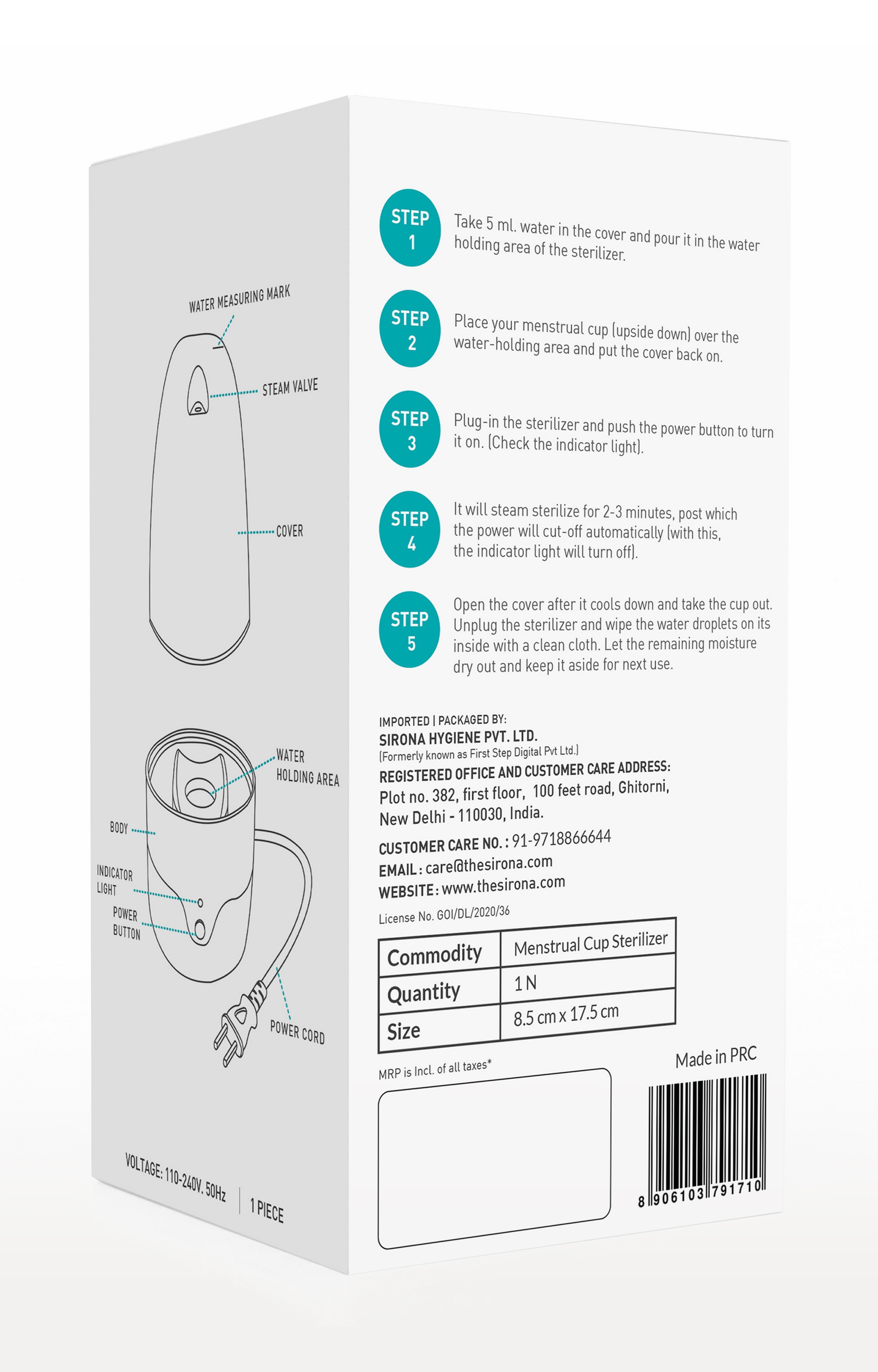 Sirona Menstrual Cup Sterilizer - Clean Your Period Cup Effortlessly - Kills 99% Of Germs In 3 Minutes With Steam - 1 Unit