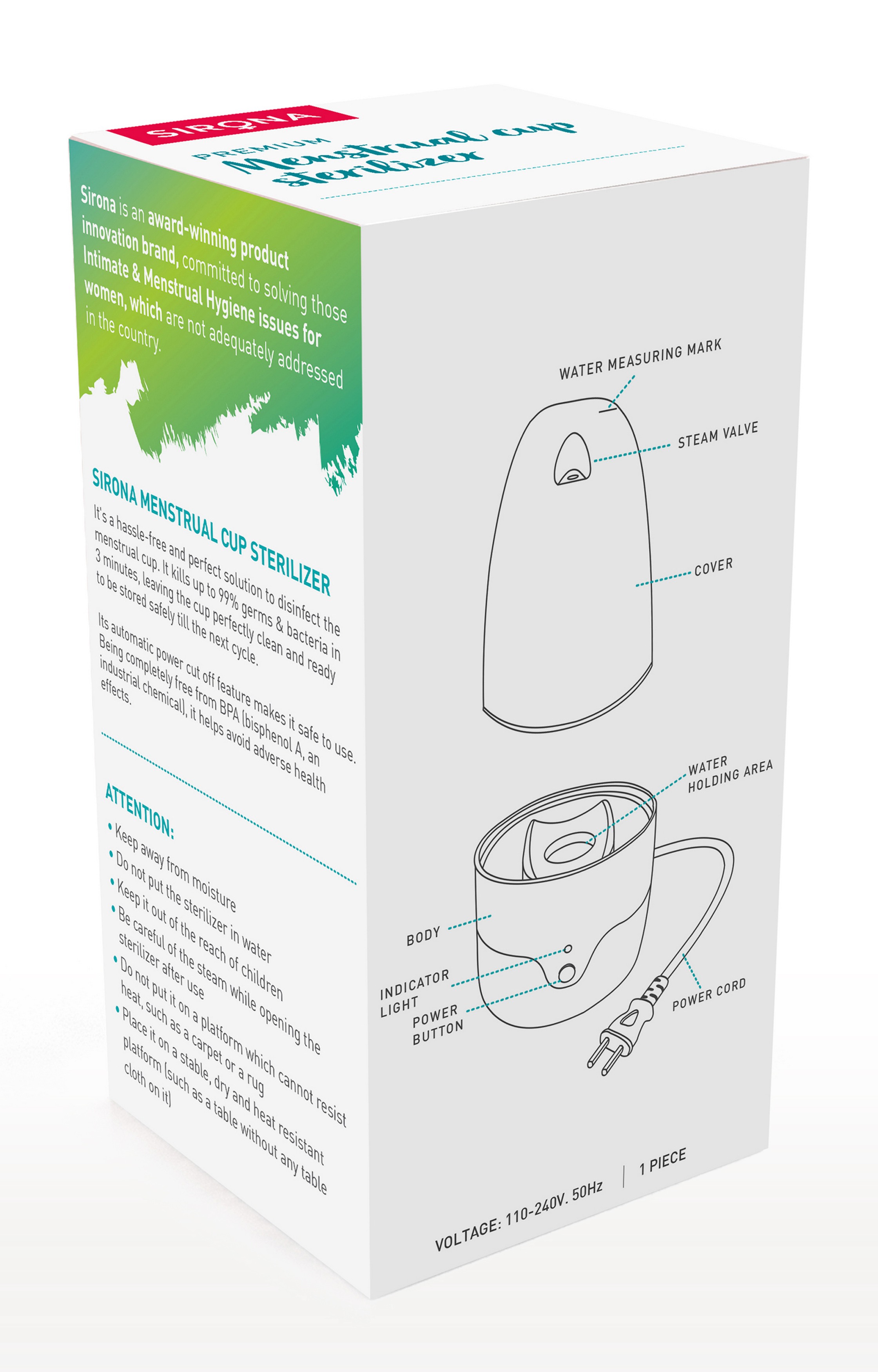 Sirona Menstrual Cup Sterilizer - Clean Your Period Cup Effortlessly - Kills 99% Of Germs In 3 Minutes With Steam - 1 Unit