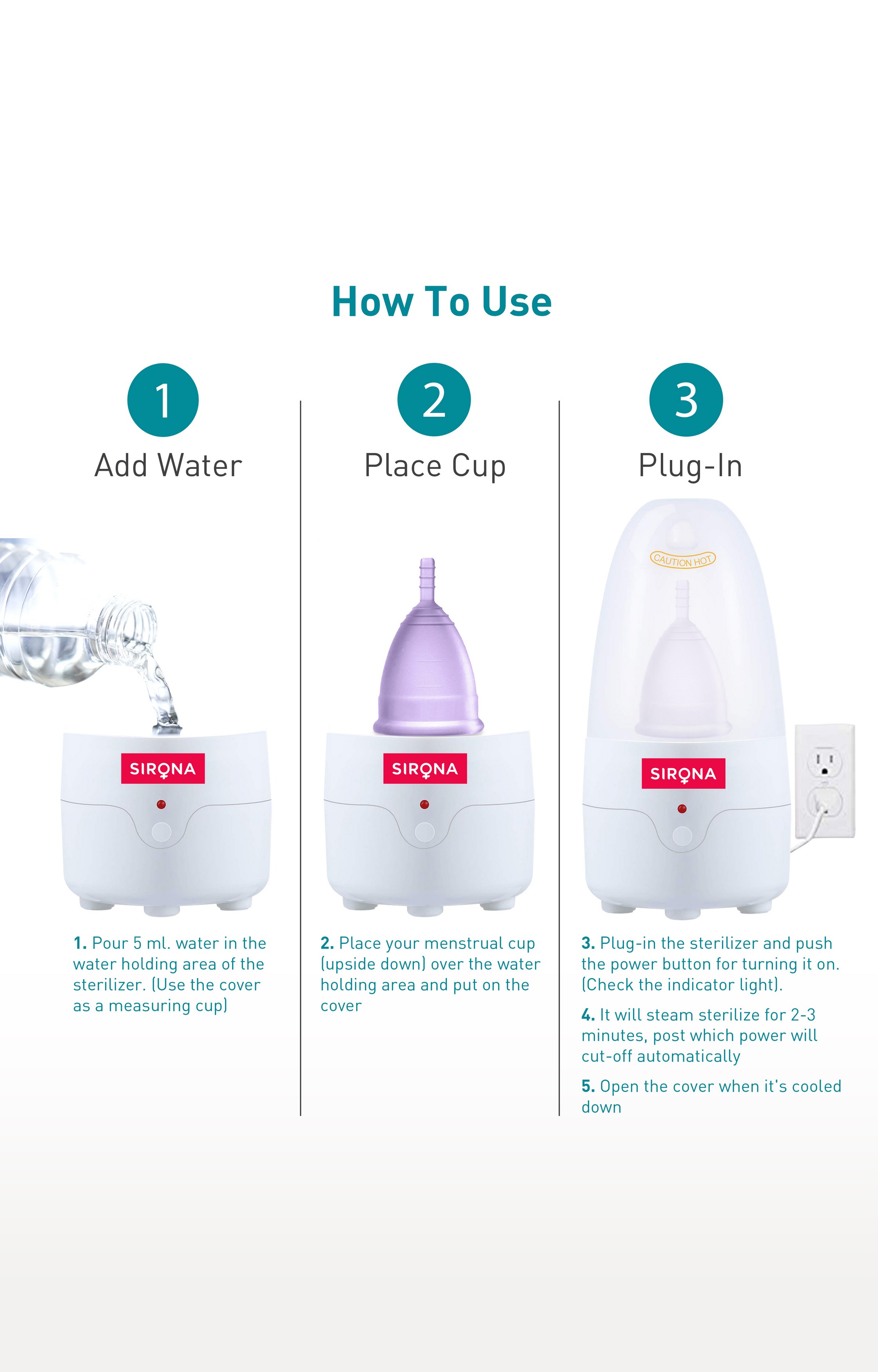 Sirona Menstrual Cup Sterilizer - Clean Your Period Cup Effortlessly - Kills 99% Of Germs In 3 Minutes With Steam - 1 Unit