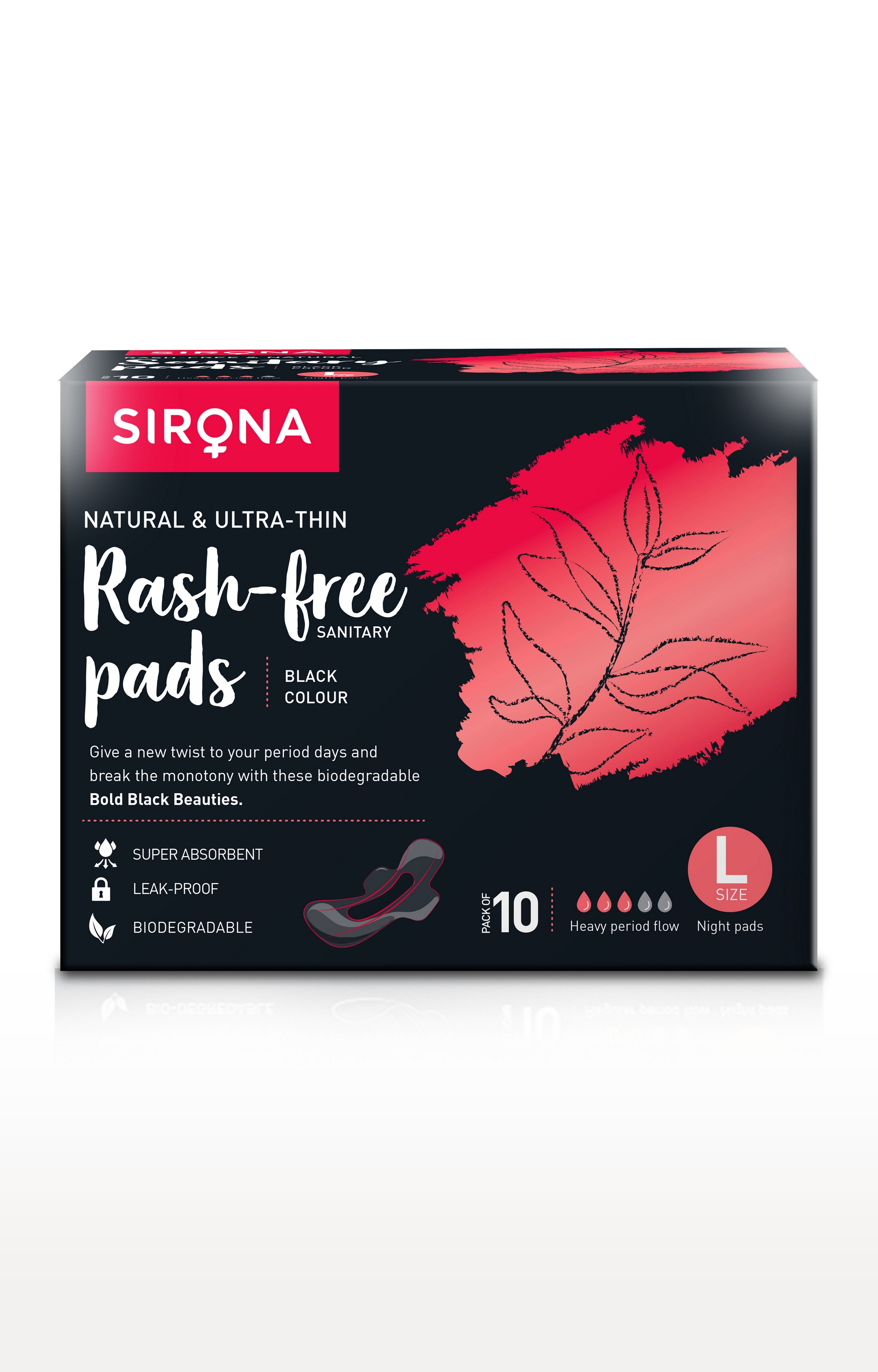 Sirona | Sirona Biodegradable Super Soft Black Sanitary Pads/Napkins - Large (L) Night Pads (Pack Of 10) 0