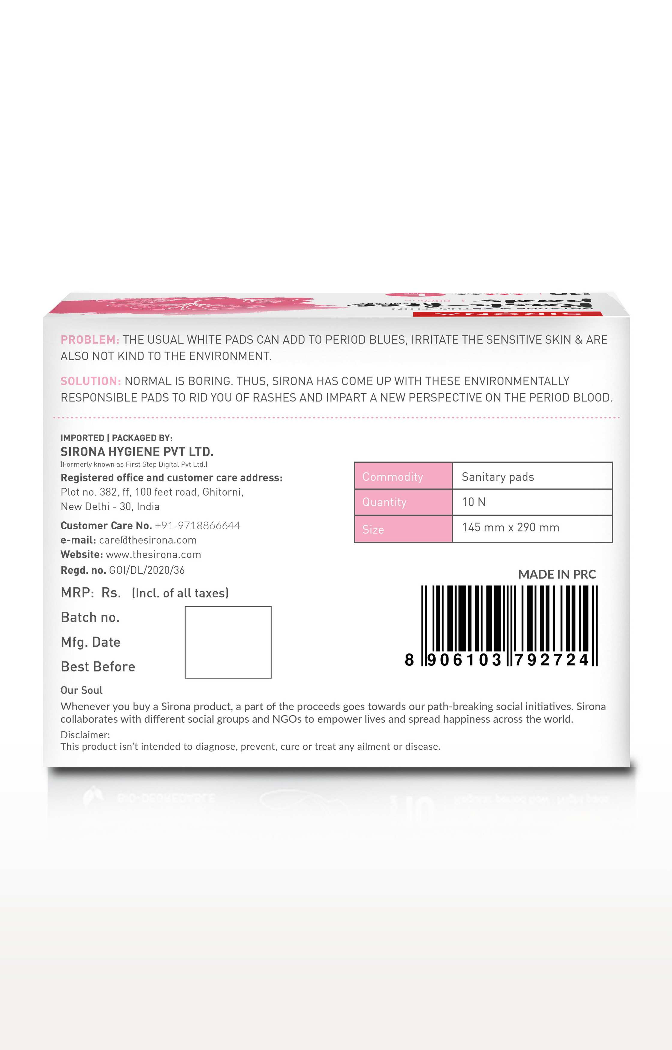 Sirona Natural Biodegradable Super Soft Pink Sanitary Pads/Napkins - 10 Pieces, Large (L)