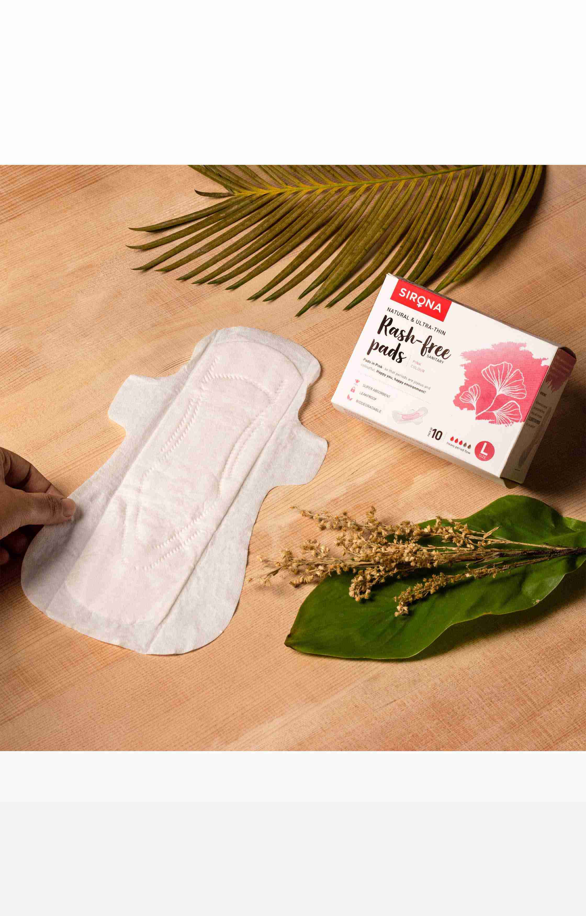Sirona Natural Biodegradable Super Soft Pink Sanitary Pads/Napkins - 10 Pieces, Large (L)