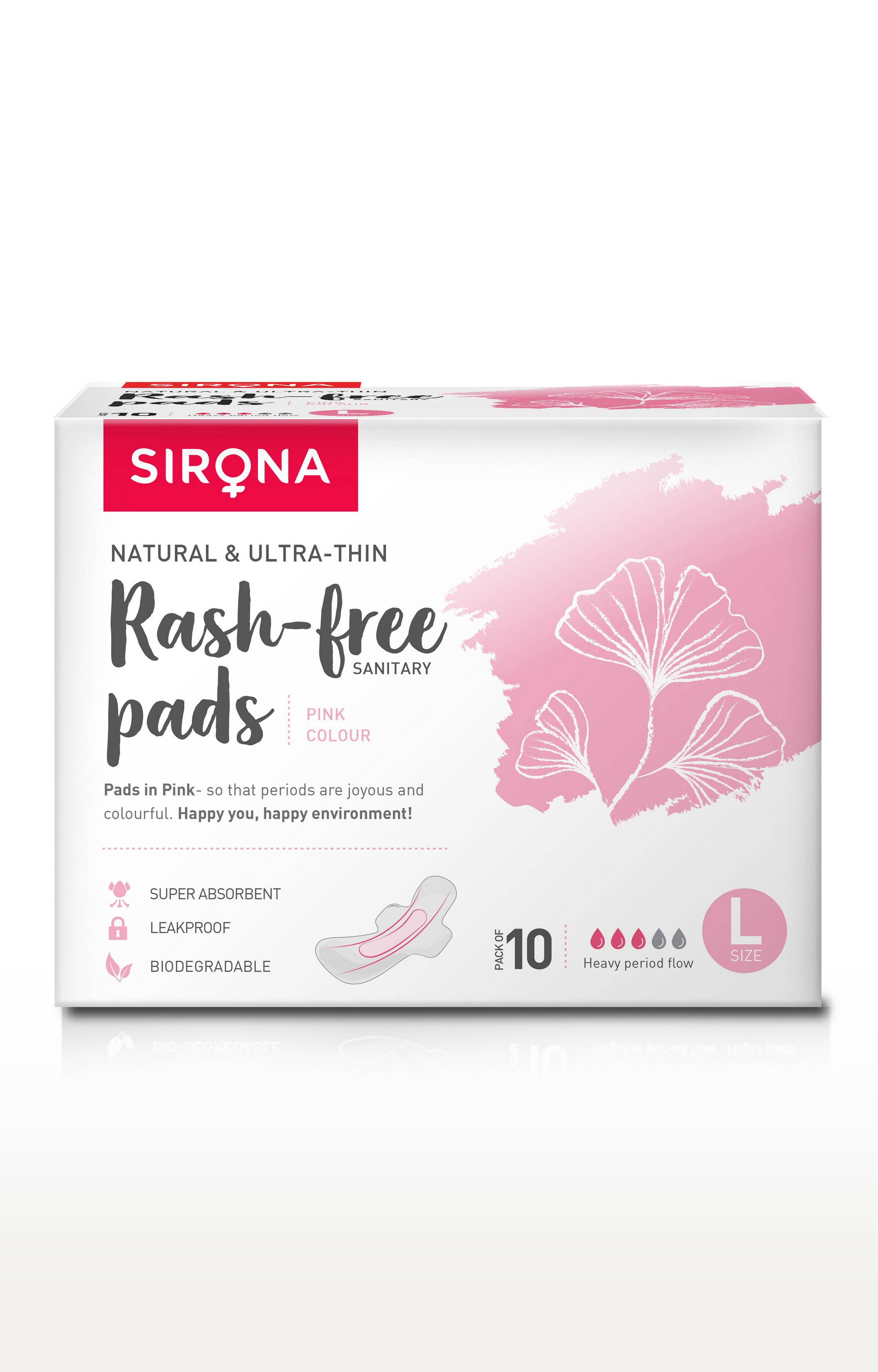 Sirona Natural Biodegradable Super Soft Pink Sanitary Pads/Napkins - 10 Pieces, Large (L)