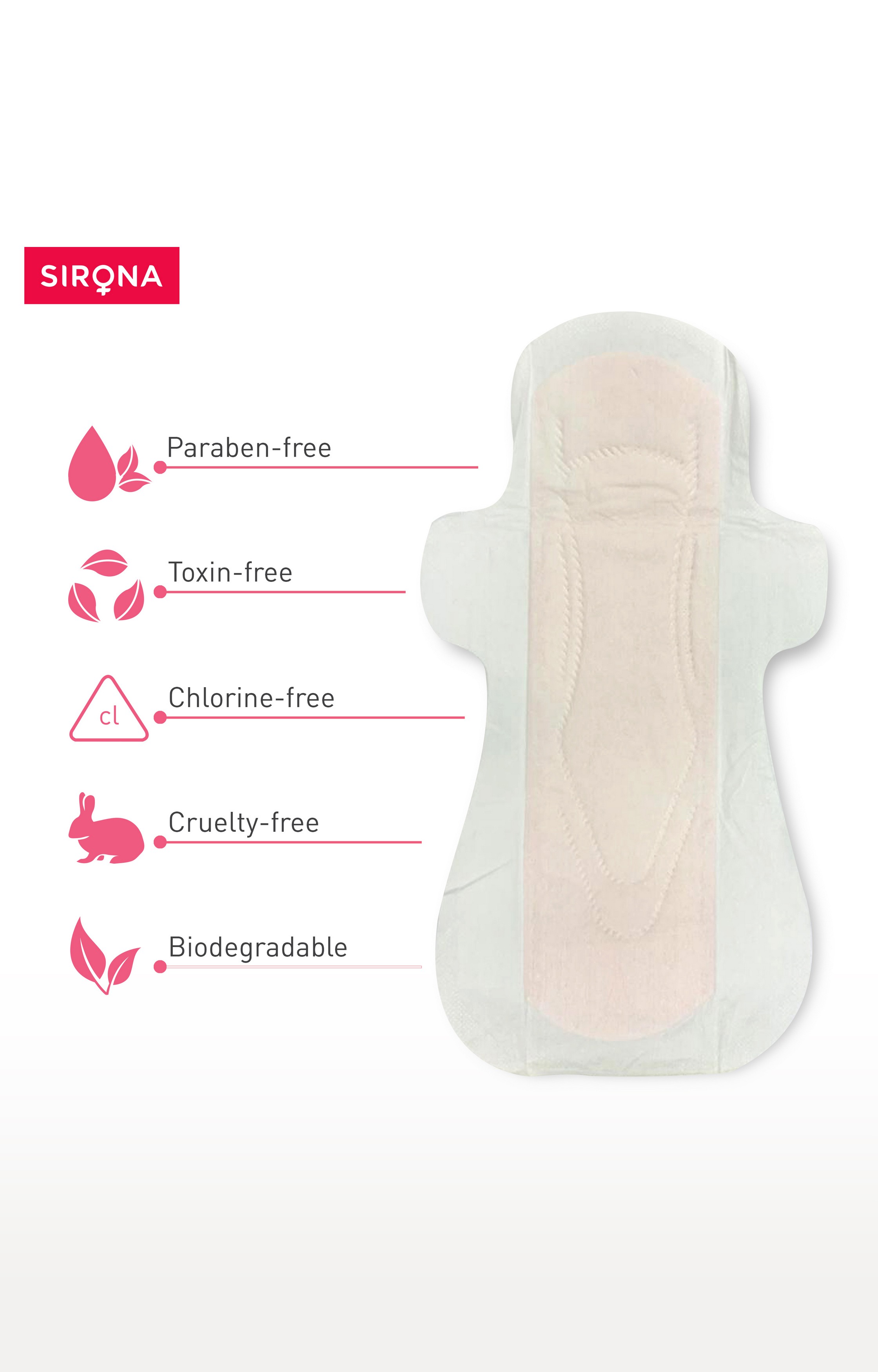 Sirona Natural Biodegradable Super Soft Pink Sanitary Pads/Napkins - 10 Pieces, Large (L)