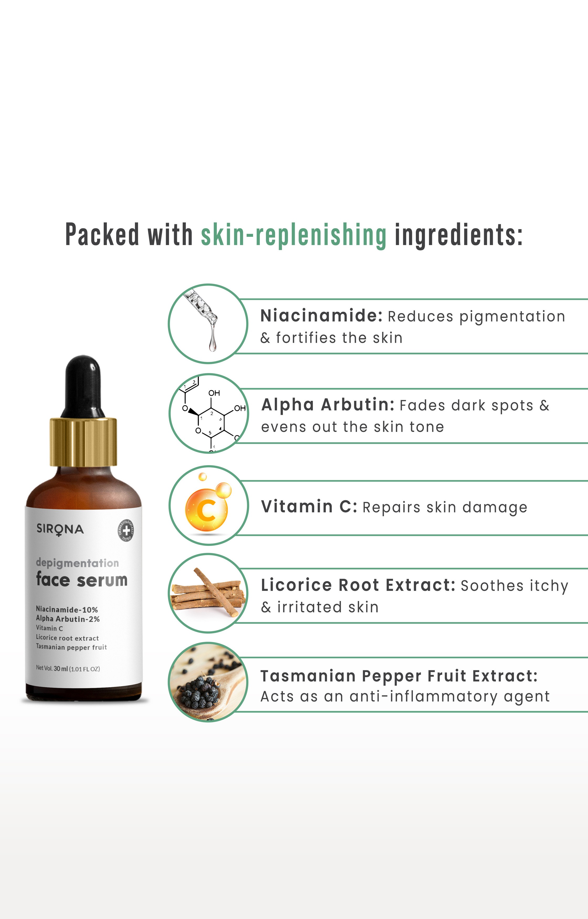 Sirona Depigmentation Face Serum - 30 Ml With Niacin amide, Vitamin C, Alpha Arbutin And Licorice Root Extract