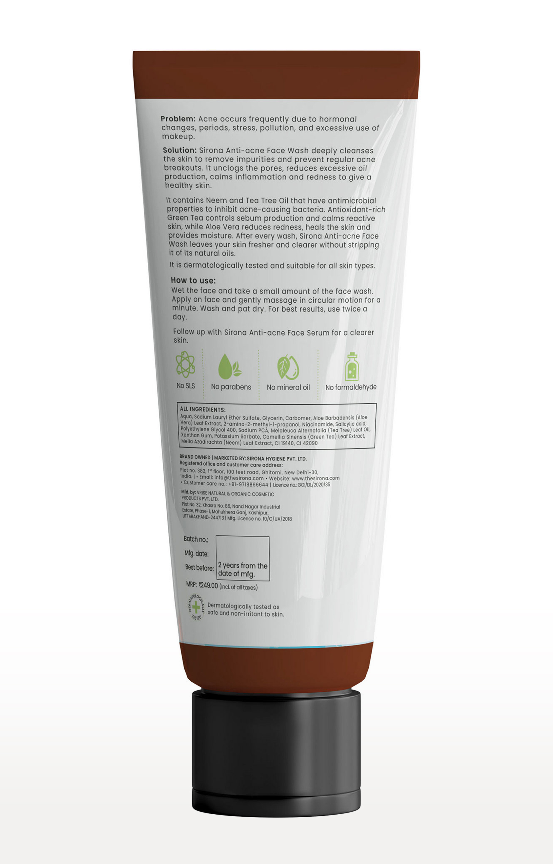 Sirona Anti Acne Face Wash For Men & Women – 125 Ml With Neem, Green Tea, Tea Tree Oil & Aloe Vera 