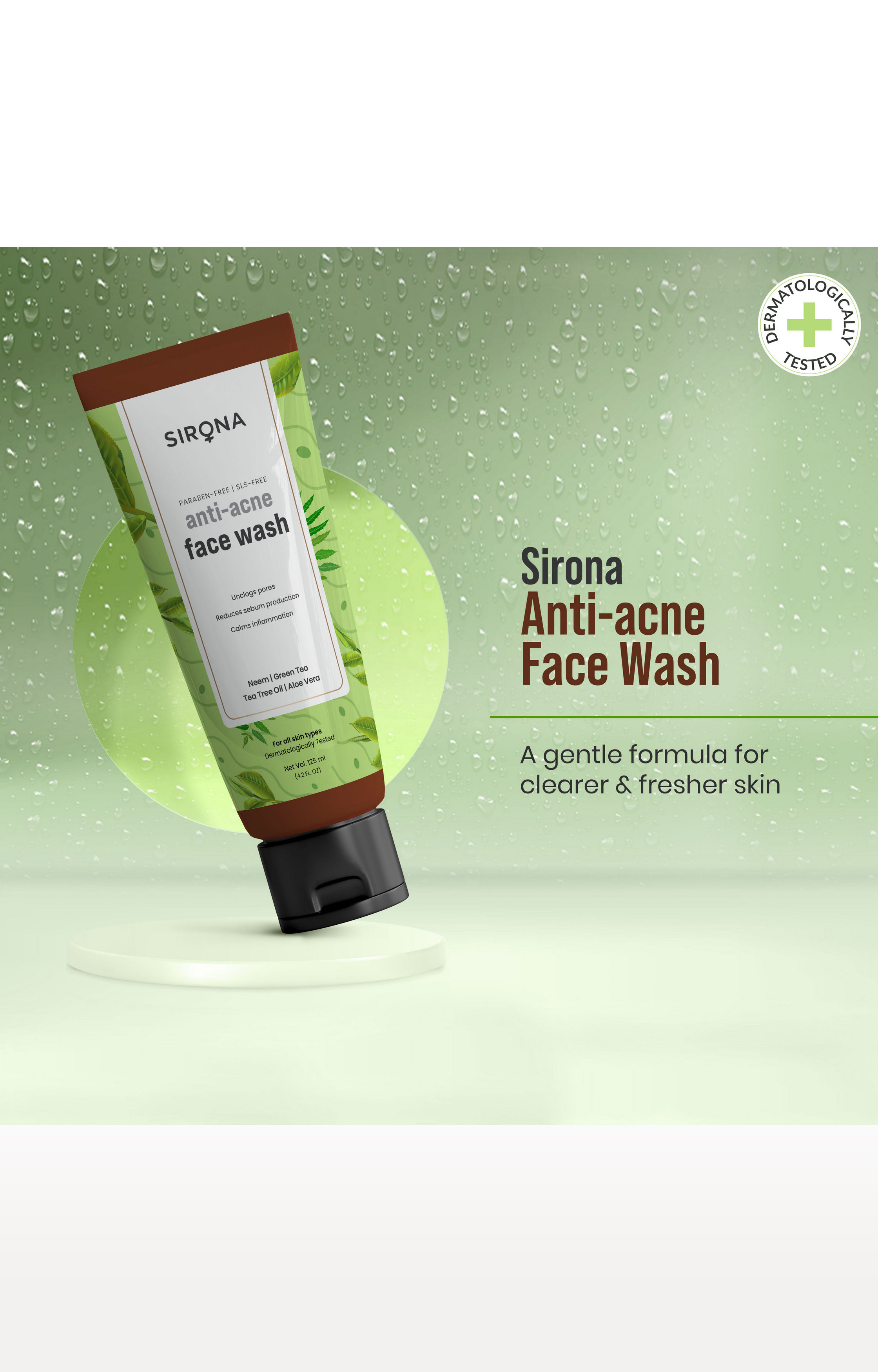 Sirona Anti Acne Face Wash For Men & Women – 125 Ml With Neem, Green Tea, Tea Tree Oil & Aloe Vera 