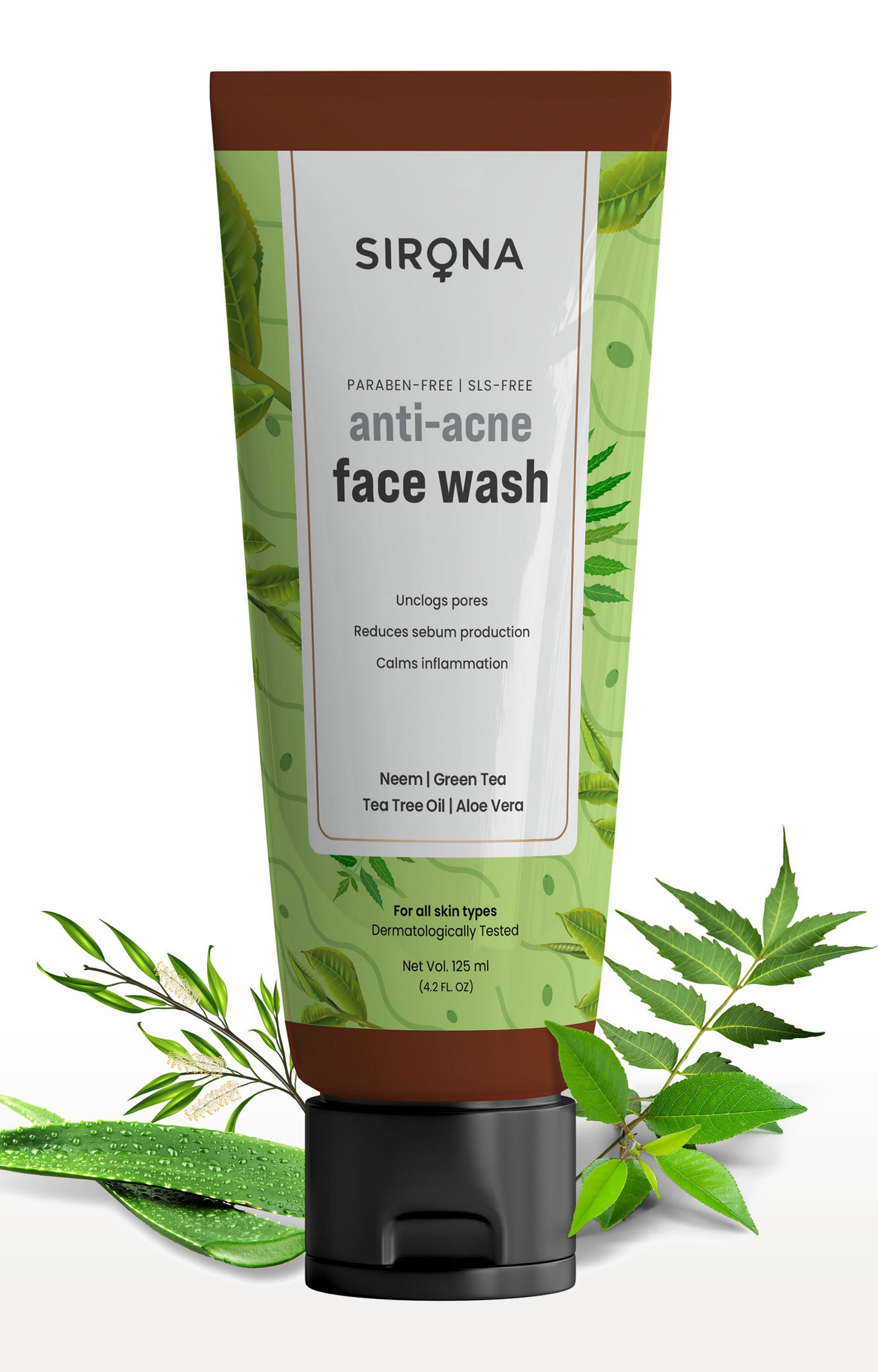 Sirona Anti Acne Face Wash For Men & Women – 125 Ml With Neem, Green Tea, Tea Tree Oil & Aloe Vera 