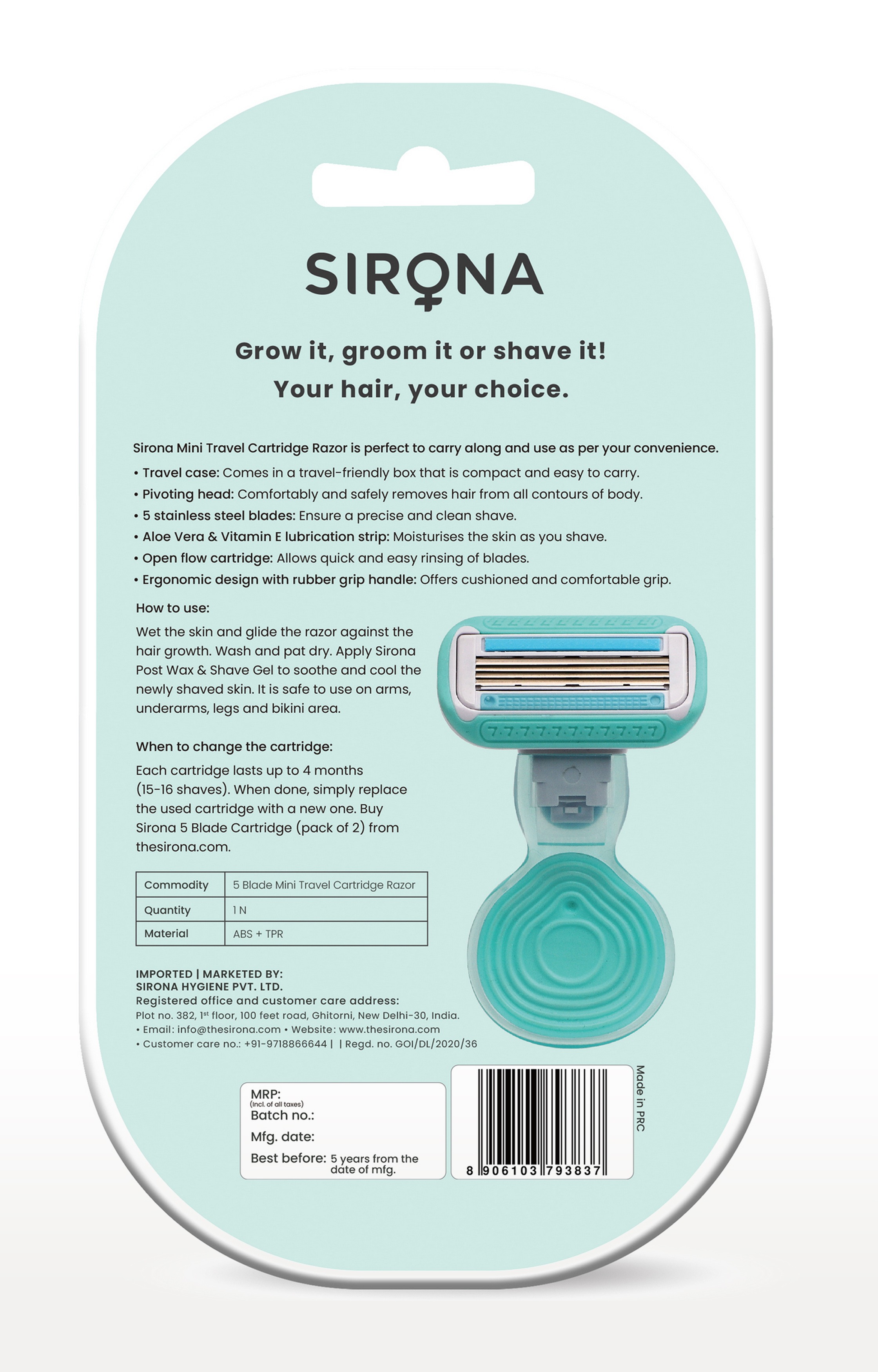 Sirona 5 Blade Mini Travel Cartridge Hair Removal Razor For Women With Aloe Vera & Vitamin E Lubrication – 1 Pcs