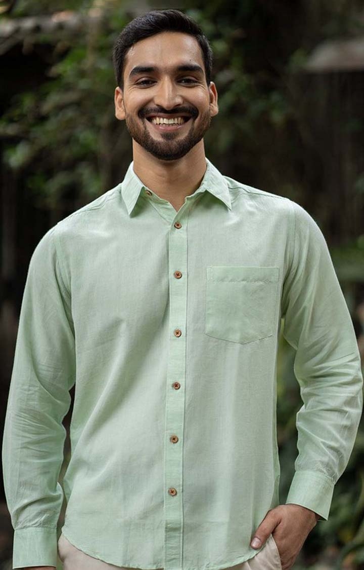 Earthy Route | Men's Fresh Green Tencel Regular Fit  Casual Shirt